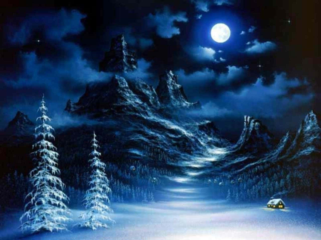 Pine Trees 桌布 壁紙 — 一間孤獨的雪覆蓋小屋在滿月下溫暖地發光，月光將空靈的藍光投射在冰封的山脈和結霜的松樹上。