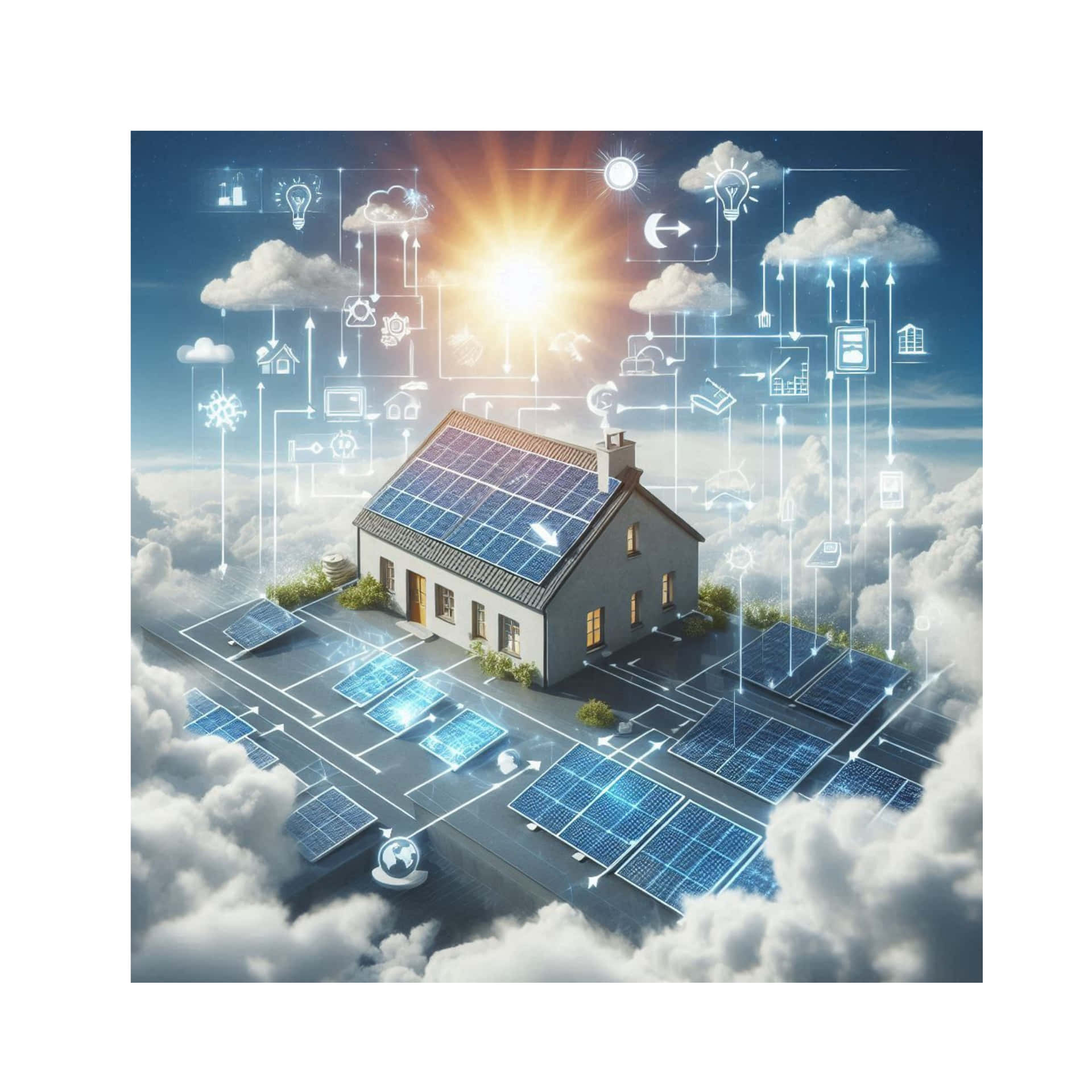 diagrammatic solar power drawing 壁紙 — 一間屋頂和地面裝有太陽能板的房屋，被雲朵環繞，發光的數字圖標顯示能量流動和智能家居技術。