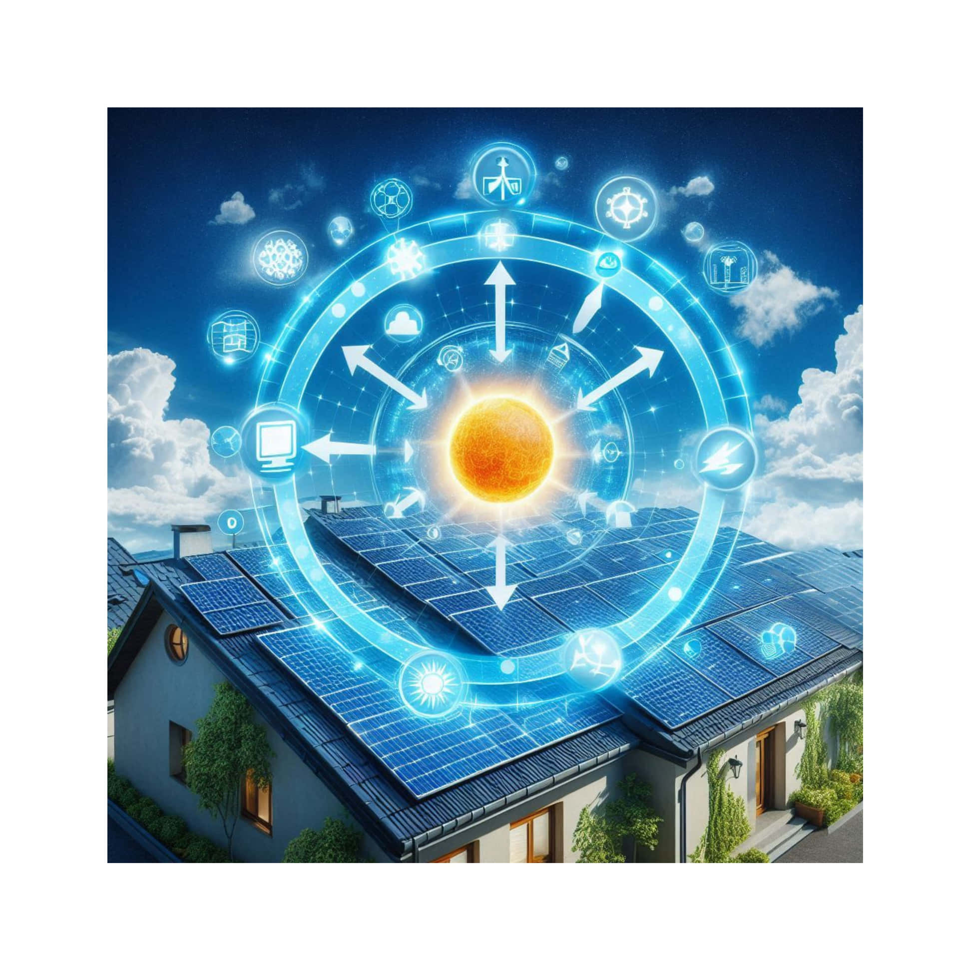 diagrammatic solar power drawing 壁紙 — 一間屋頂裝有太陽能板的房子，被一個發光的藍色圓形界面包圍，界面上的圖標顯示來自中央太陽的能量流動。
