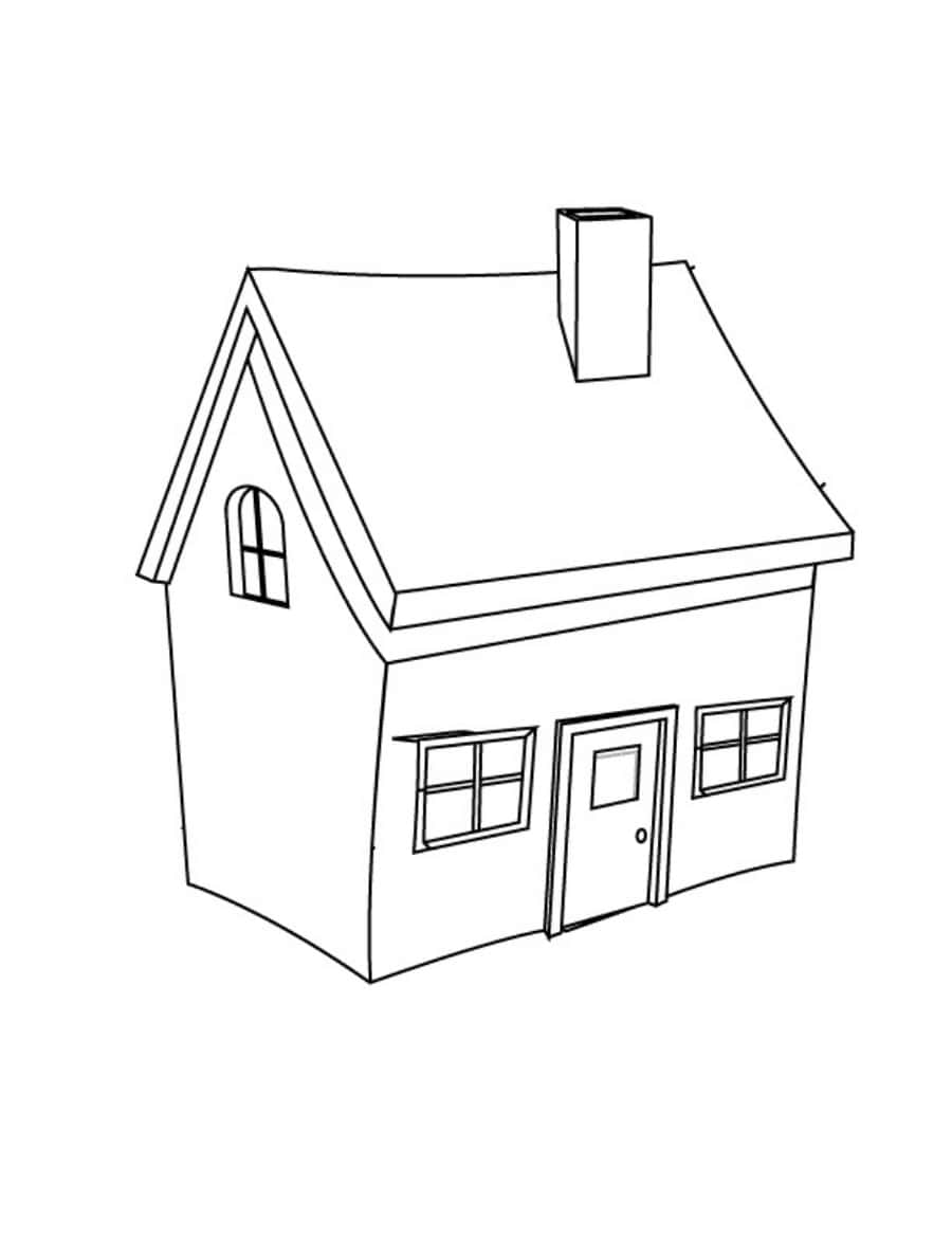 House Colouring 桌布 壁紙 — 一間帶有煙囪和多個窗戶的舒適房屋的簡單黑白線條畫。