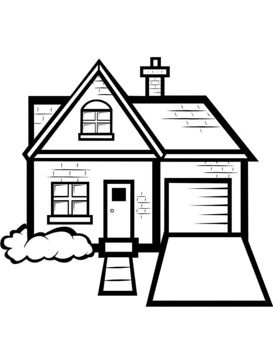 House Colouring 桌布 壁紙 — 一間帶車庫和煙囪的房子的簡單黑白線條畫。