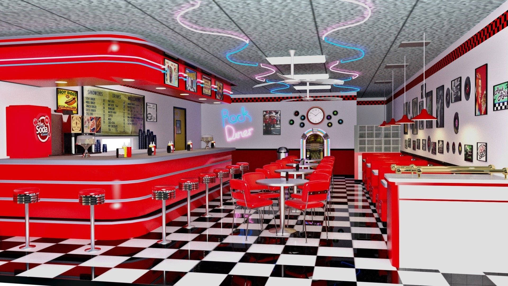 Diner 桌布 壁紙 — 一間復古1950年代餐廳，設有紅色卡座、格紋地板和霓虹燈招牌，在圖案天花板下閃爍。