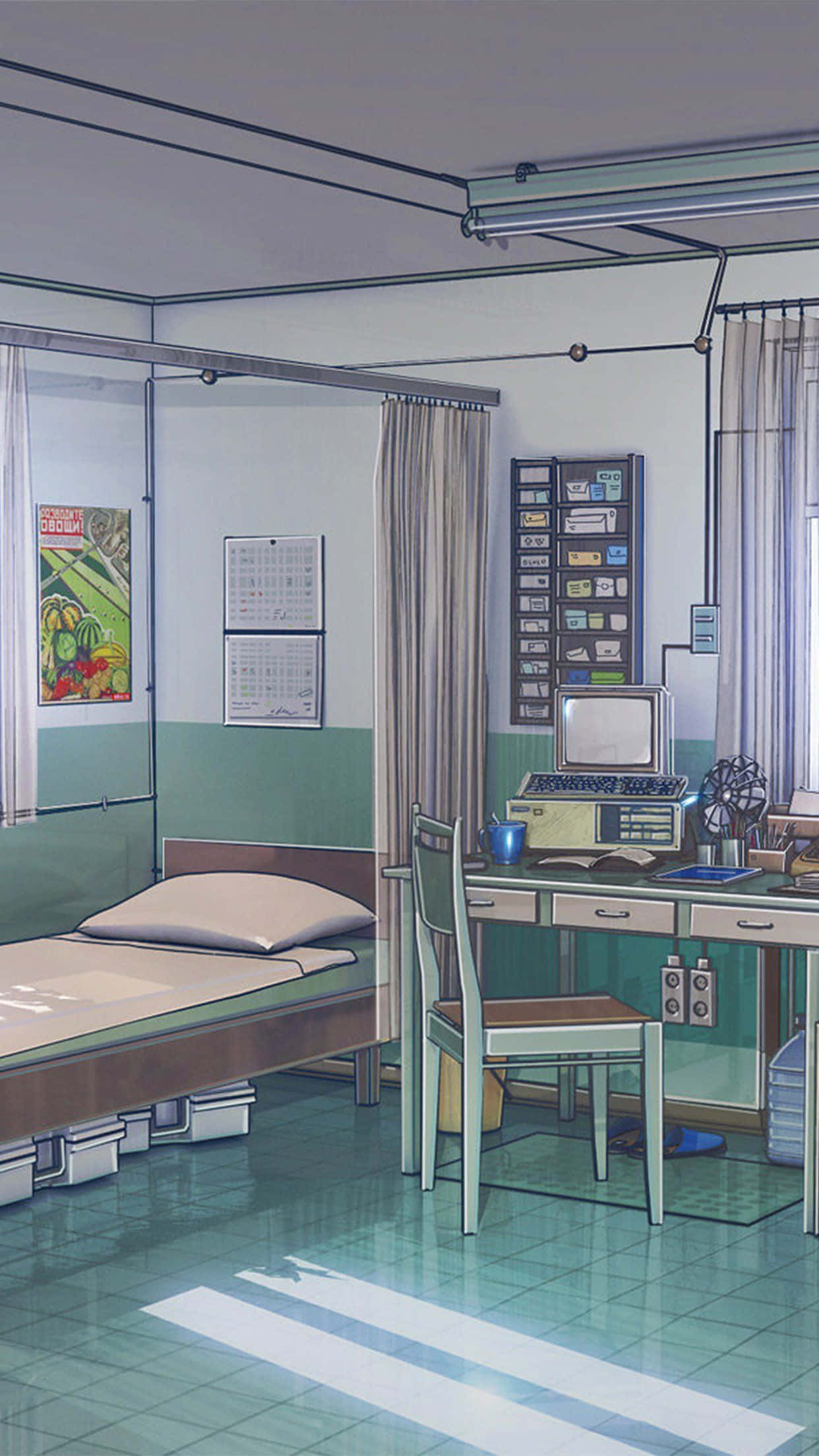 Best Office 桌布 壁紙 — 一間復古動漫風格的醫院病房，內有床、書桌、電腦和海報，在柔和日光下。
