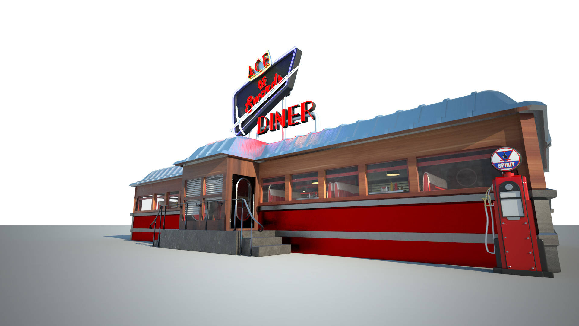 Diner 桌布 壁紙 — 一間復古風格的餐廳，採用紅色和木質鑲板，在純白色背景上有一個發光的霓虹燈招牌。