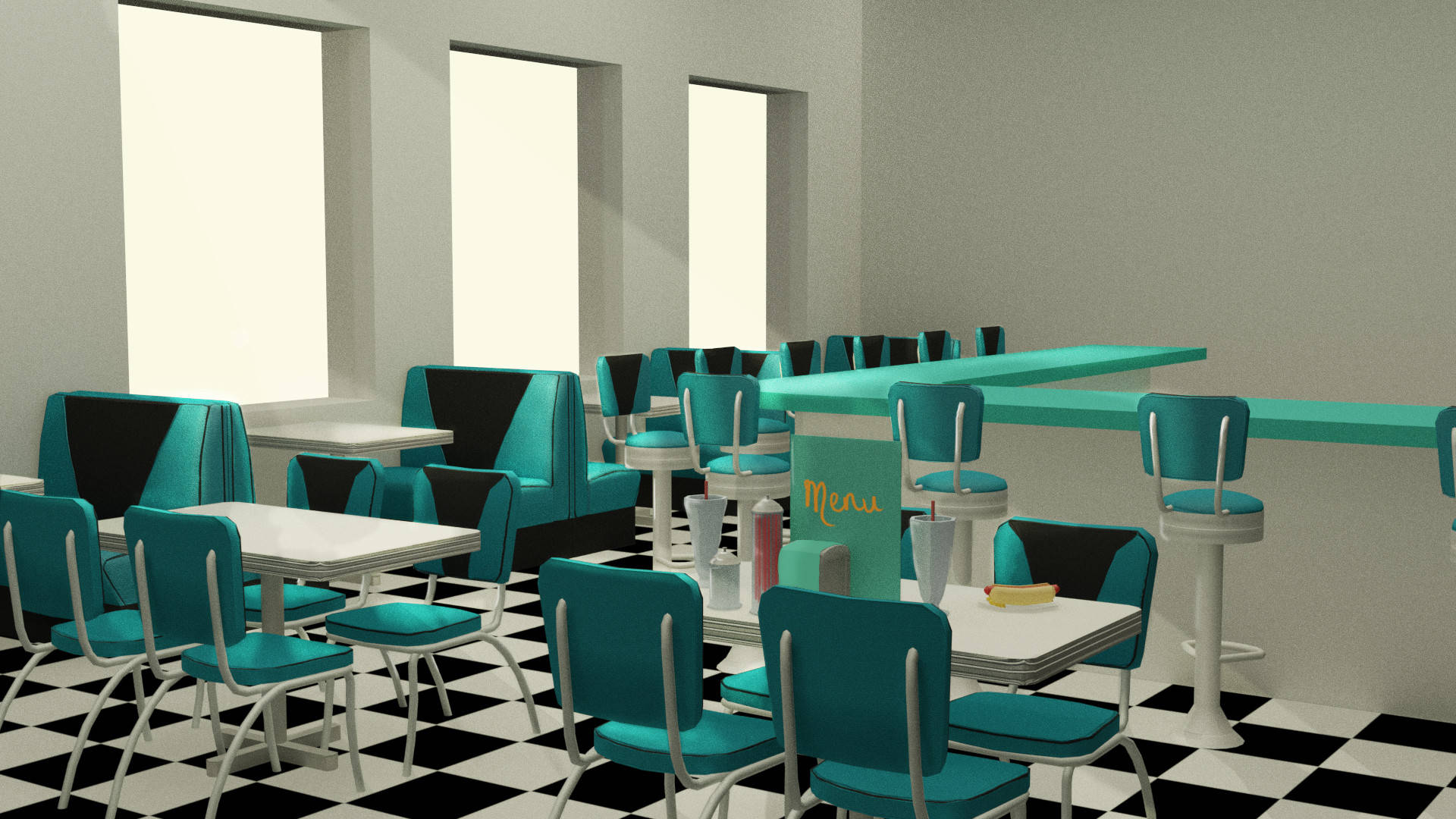 Diner 桌布 壁紙 — 一間復古餐廳，在明亮的窗戶下，黑白棋盤格地板上有青綠色卡座和椅子。