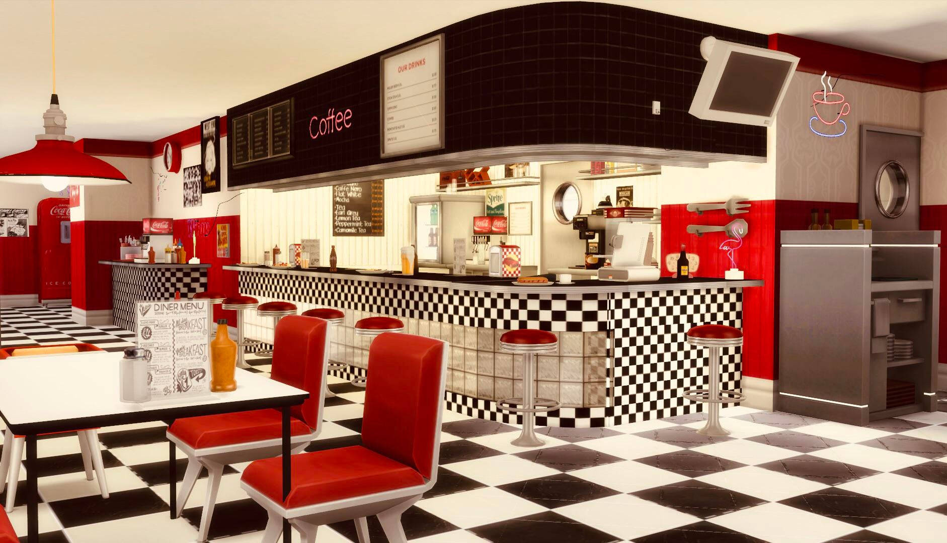 Diner 桌布 壁紙 — 一間復古餐廳，設有紅色椅子、黑白棋盤格地板和復古裝飾，在溫暖燈光下。