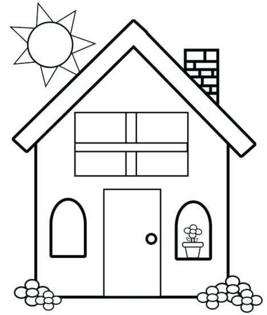 House Colouring 桌布 壁紙 — 一間房子的簡單黑白線條畫，上方有太陽，底部有花朵。