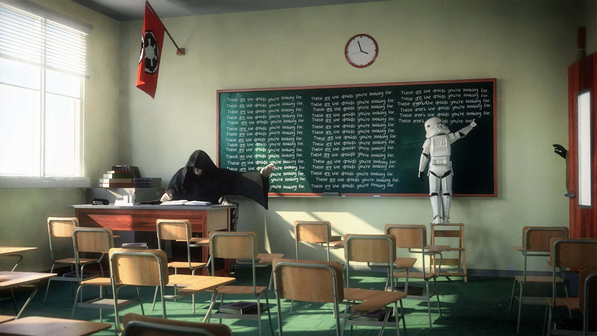 Funny Star Wars 桌布 壁紙 — 一間教室，一個戴頭罩的人物坐在書桌前，一個風暴兵指著一塊寫滿重複文字的黑板。