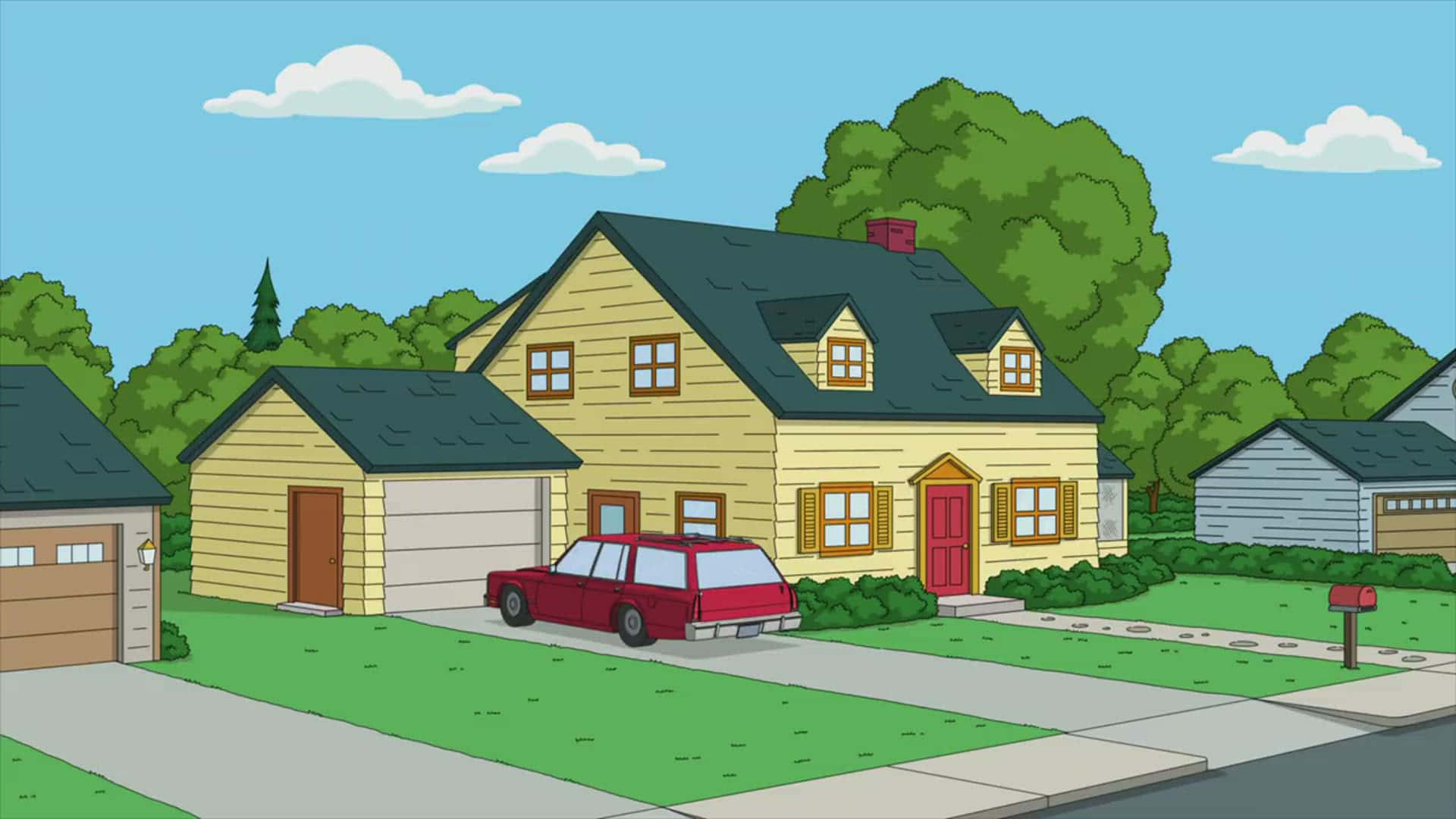 Family Guy 桌布 壁紙 — 一間明亮的黃色郊區房屋，前面停著一輛紅色汽車，背景是晴朗的藍天和蓬鬆的白雲。