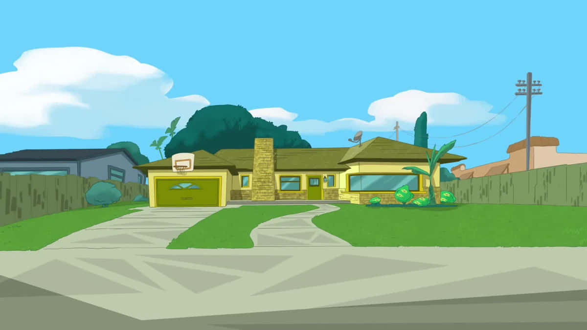 Phineas And Ferb 桌布 壁紙 — 一間明亮的黃色郊區房屋，帶有籃球框，矗立在晴朗的藍天和蓬鬆的白雲下。
