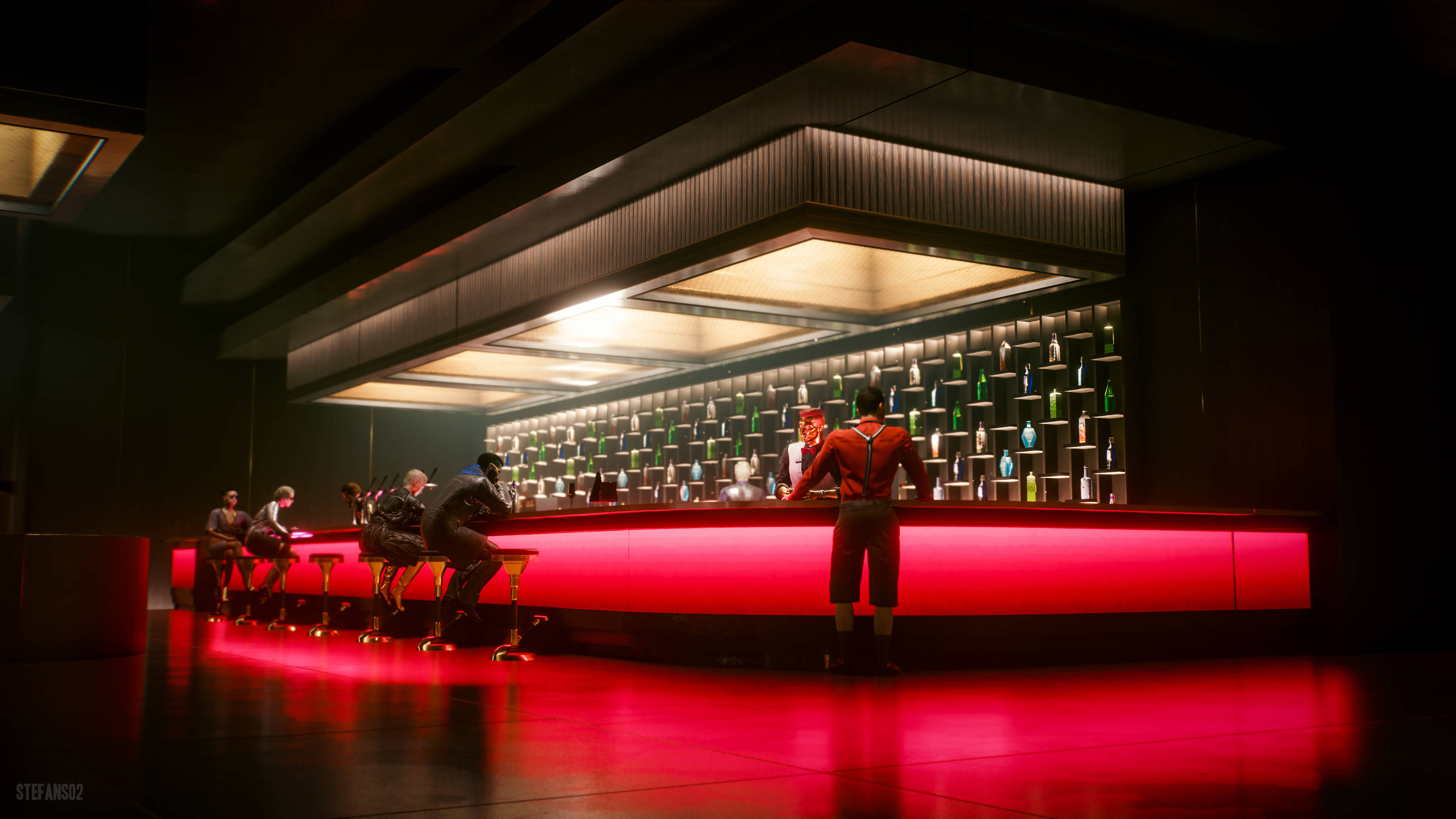 Cyberpunk Desktop 桌布 壁紙 — 一間時尚未來風格的酒吧，沐浴在閃爍的紅光中，顧客坐在吧檯前，調酒師在溫暖的頭頂燈光下提供飲品。