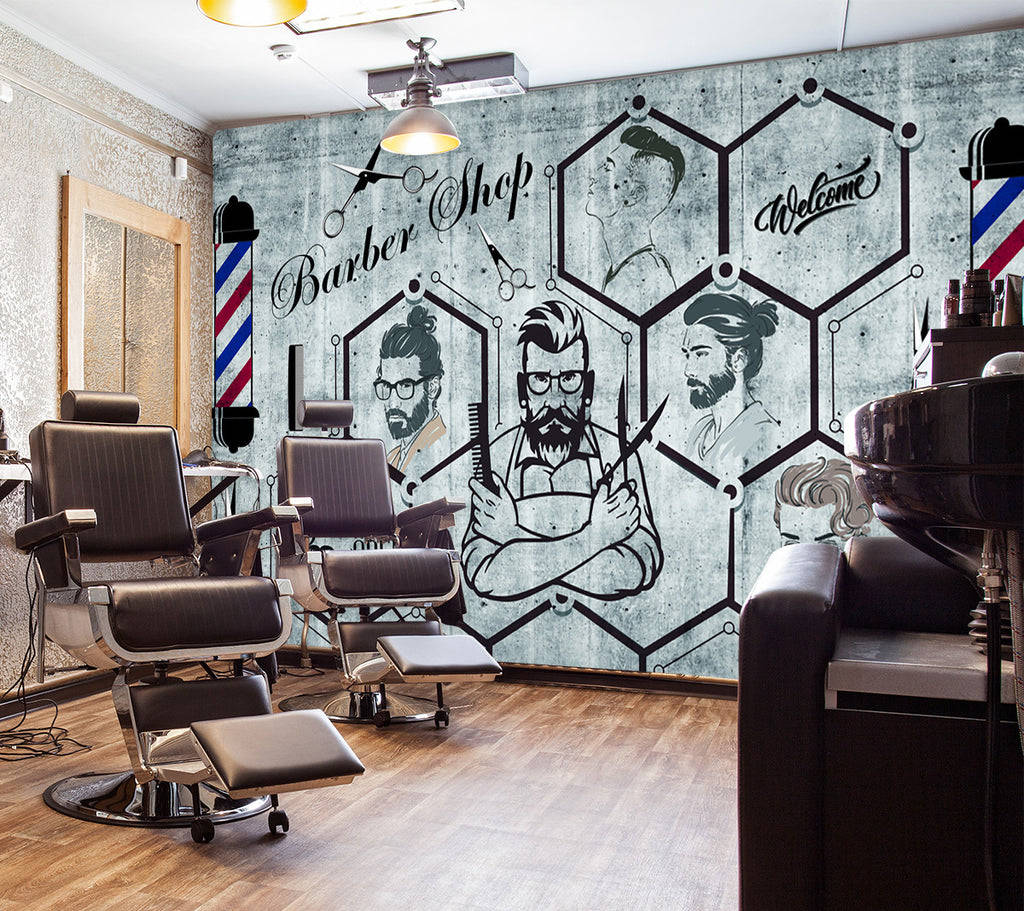 Barber 桌布 壁紙 — 一間時尚的理髮店，配有復古椅子和一幅大型壁畫，描繪鬍鬚男手持剪刀在紋理牆壁上。