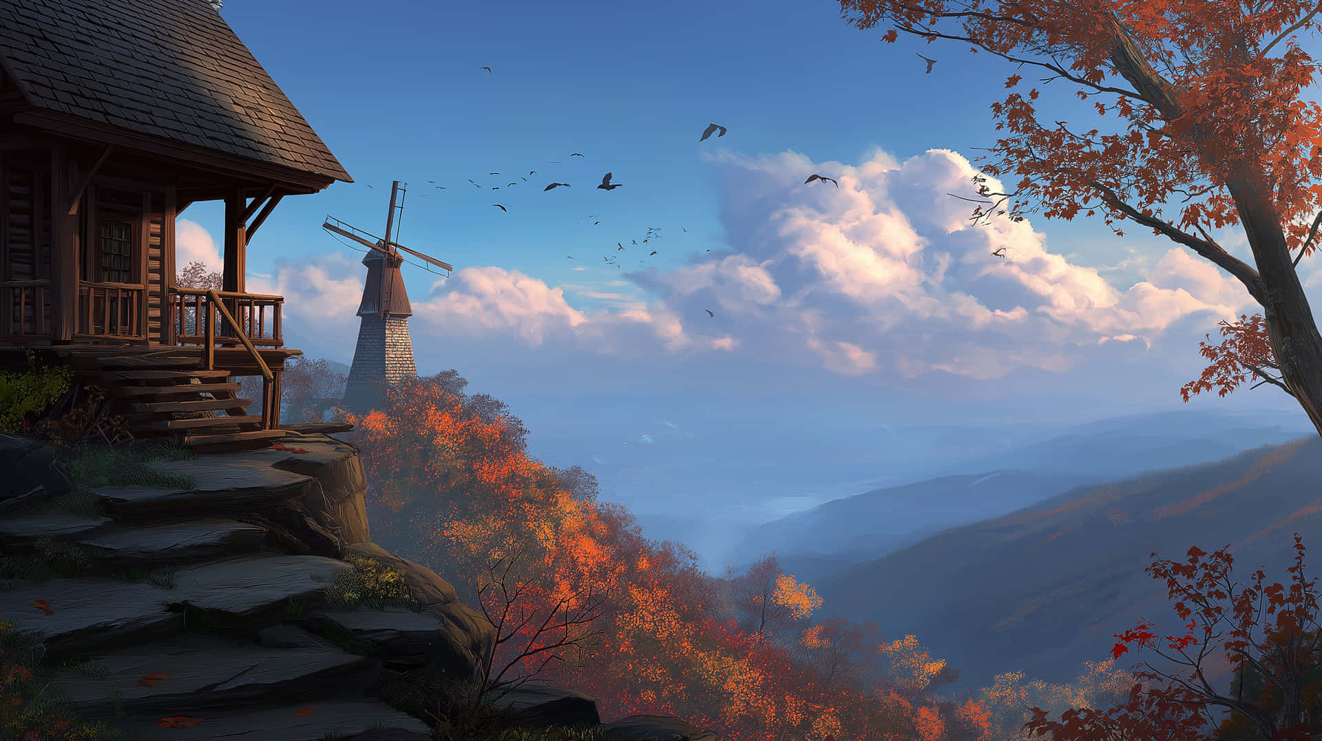 Autumnal Mountain Landscape with Cabin and Windmill 壁紙 — 一間木屋坐落在懸崖上，俯瞰著一個有風車和秋樹的山谷，天空多雲。