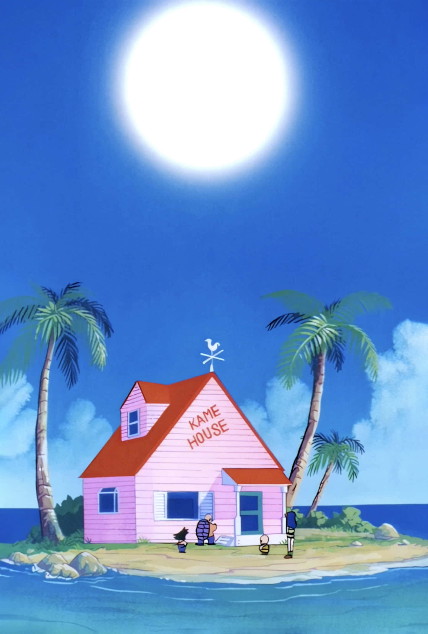 Kame House 桌布 壁紙 — 一間標有「Kame House」的粉紅色房子坐落於熱帶島嶼上，上方有巨大的月亮，周圍有棕櫚樹和海洋波浪。