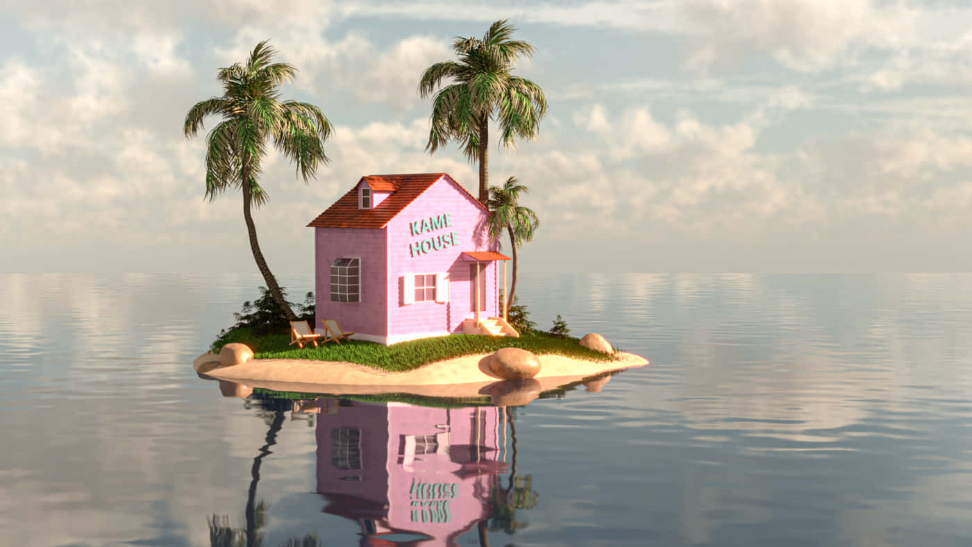 Kame House 桌布 壁紙 — 一間標有「Kame House」的粉紅色房子獨自坐落於一個被平靜海水環繞的小型熱帶島嶼上，天空多雲。
