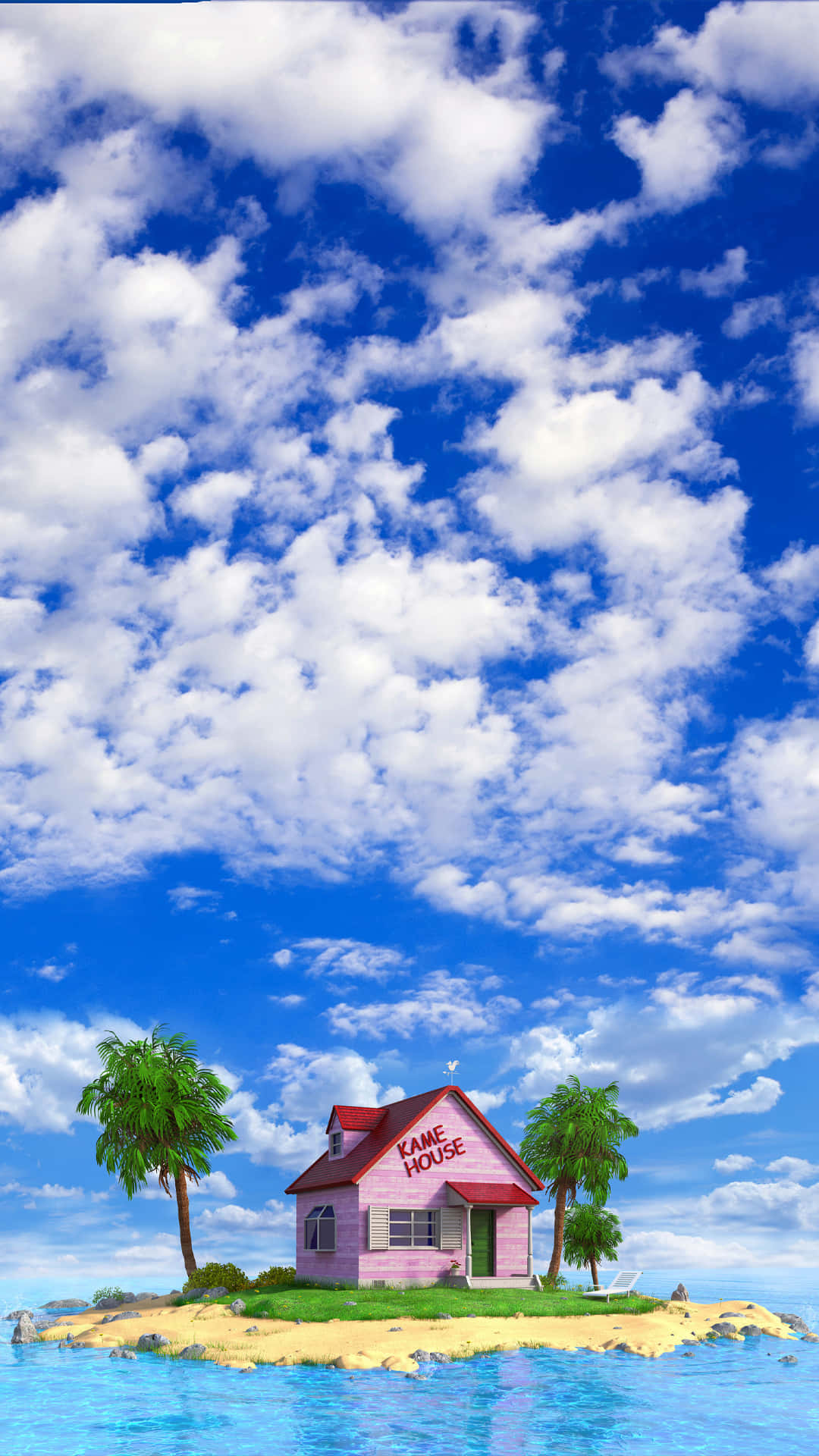 Kame House 桌布 壁紙 — 一間標有「Kame House」的粉紅色房子孤零零地矗立在一個熱帶島嶼上，四周環繞著碧綠的海水，上方是明亮的藍天和蓬鬆的白雲。