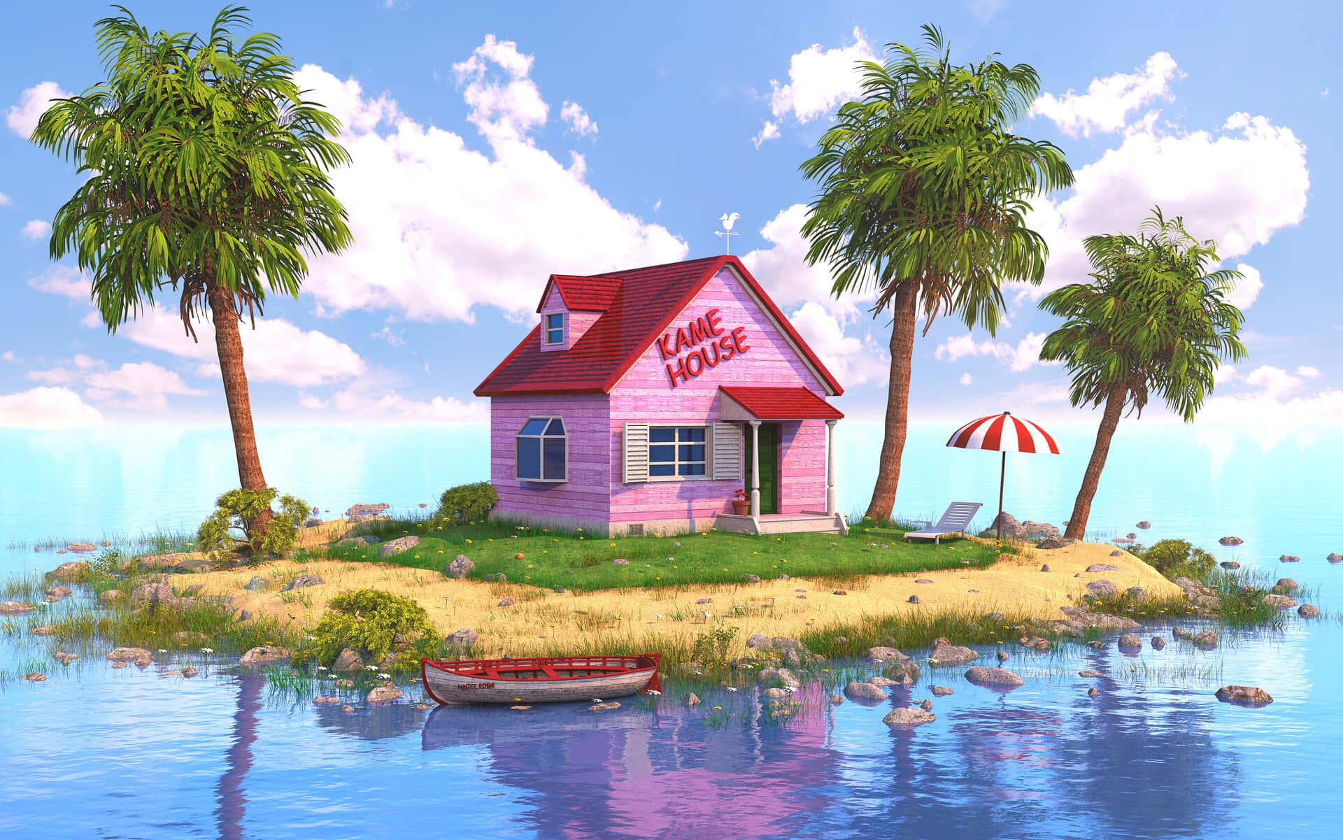 Kame House 桌布 壁紙 — 一間標有「KANE HOUSE」的粉紅色房子位於熱帶島嶼上，周圍有棕櫚樹和漂浮的紅色小船。