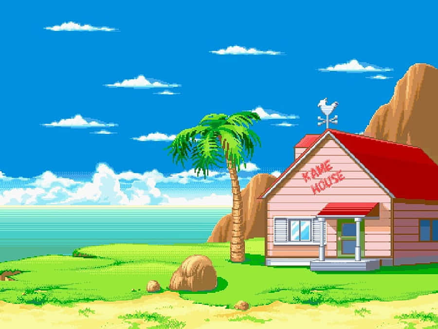 Kame House 桌布 壁紙 — 一間標有Kame House的像素藝術房屋坐落在陽光明媚的海灘上，棕櫚樹和海洋在藍天下。