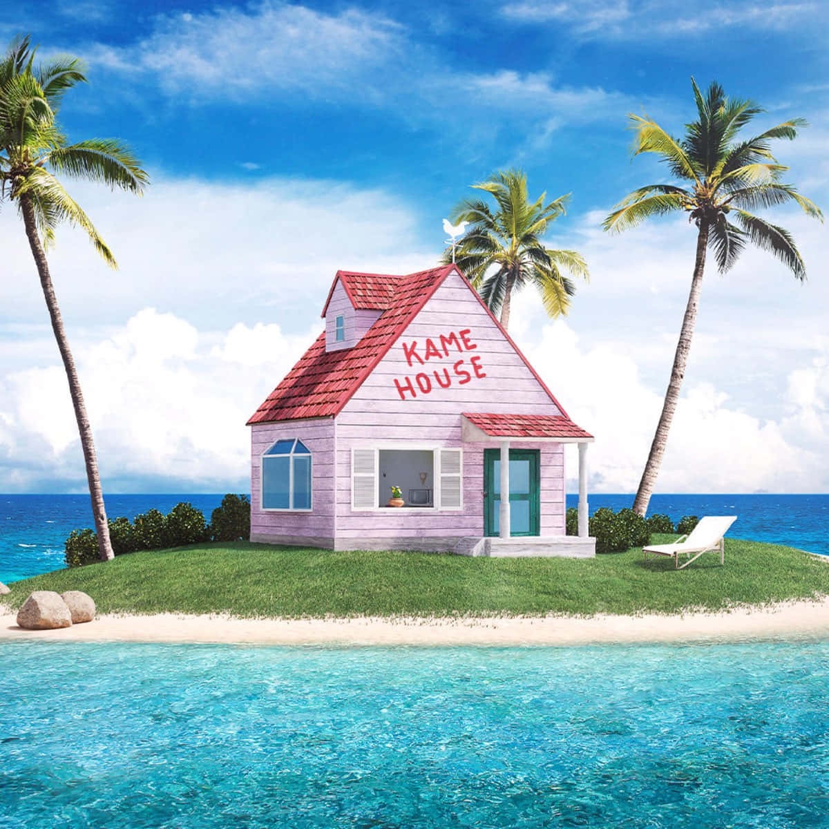 Kame House 桌布 壁紙 — 一間標有Kame House的粉紅色房子坐落於熱帶島嶼上，周圍有棕櫚樹和碧綠的海水，天空湛藍明亮。