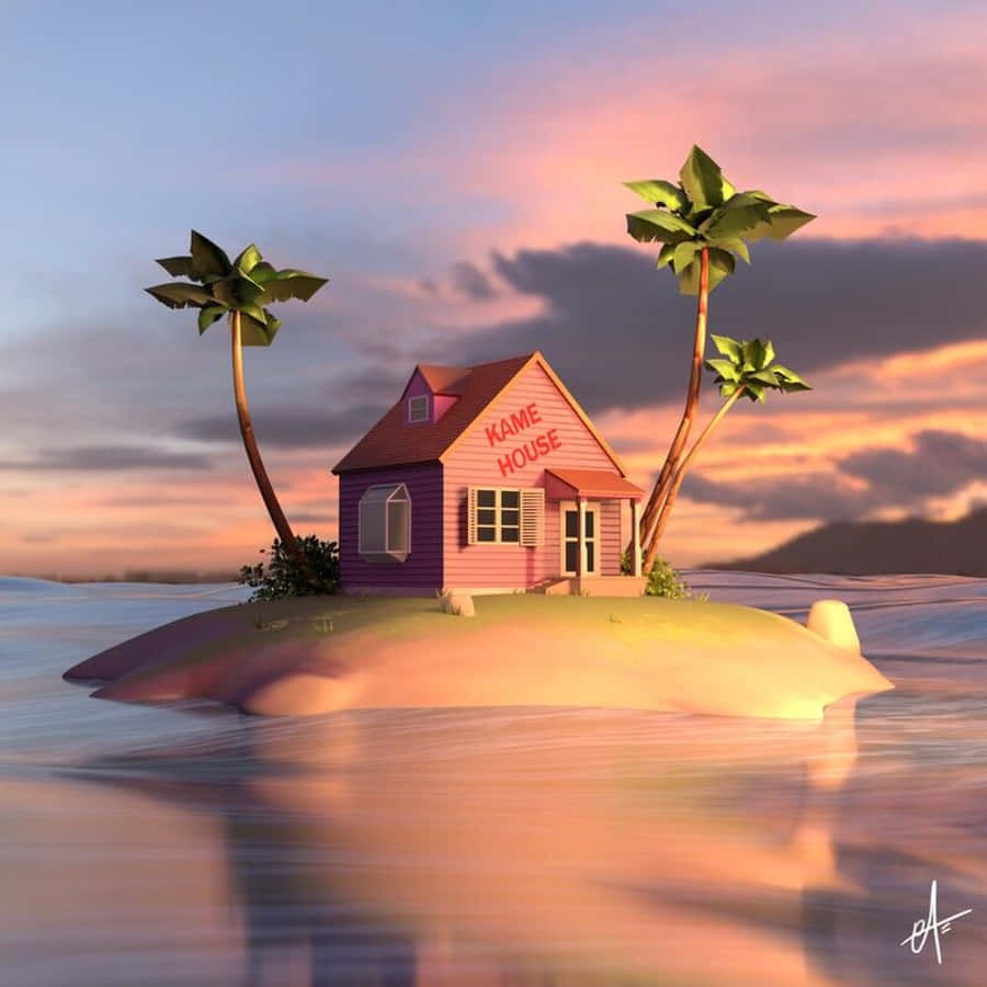 Kame House 桌布 壁紙 — 一間標有KAME HOUSE的粉紅色房子坐落於一個小島上，周圍是平靜的水面，天空映襯著夕陽和棕櫚樹。