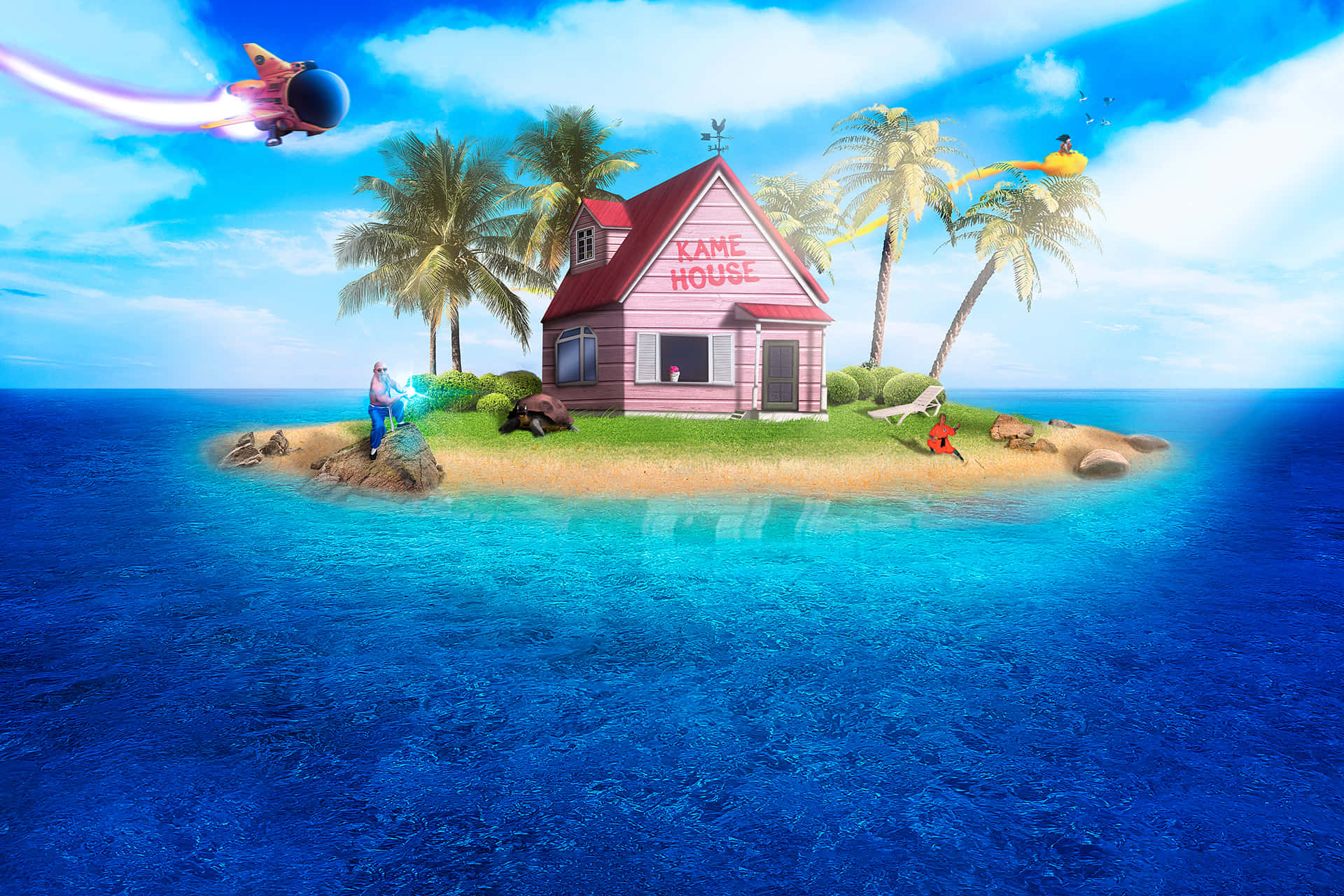 Kame House 桌布 壁紙 — 一間標有Kame House的粉紅色房子坐落於一個有棕櫚樹和藍色海洋的熱帶島嶼上，一枚火箭和噴射機從頭頂飛過。