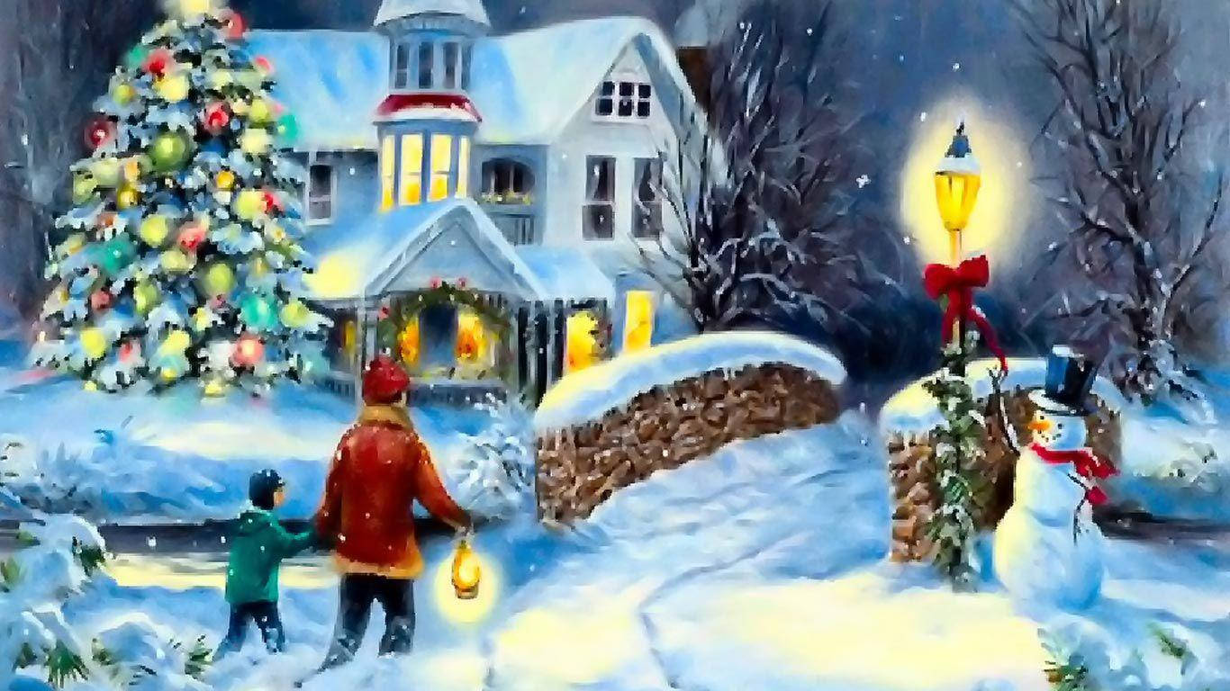 christmas laptop 桌布 壁紙 — 一間溫暖照明的冬季房屋，裝飾著聖誕樹和雪人，兩個孩子提著燈籠走過雪地庭院。