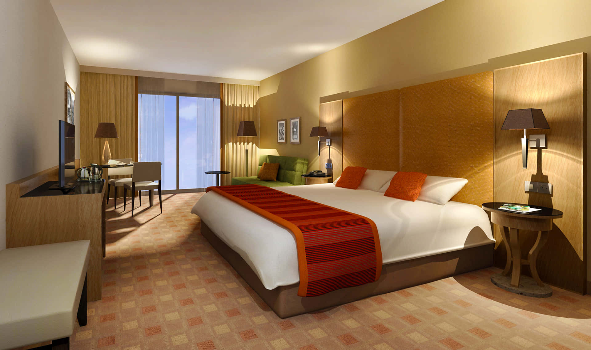 Hotel Room 桌布 壁紙 — 一間溫暖照明的現代酒店客房，配有一張大床、木製家具，以及透過落地窗欣賞藍天景色。