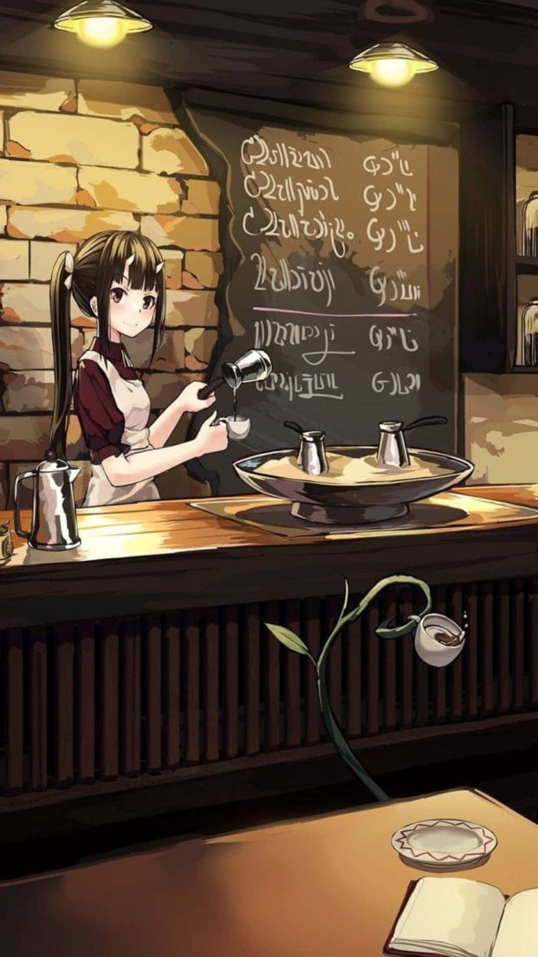 動漫女孩 桌布 壁紙 — 一間溫暖燈光的咖啡館，一位微笑的動漫女孩在木製櫃檯後方，將茶倒入杯中，旁邊有黑板菜單。