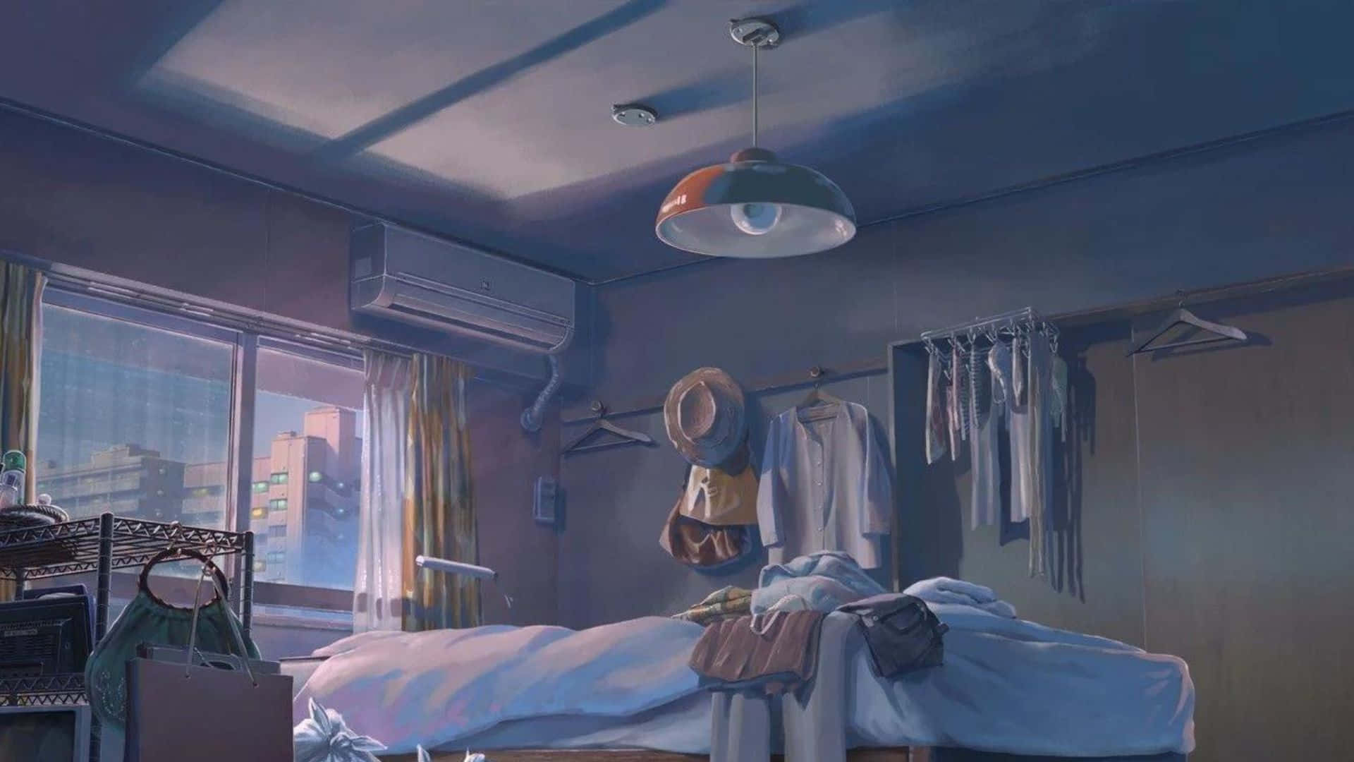 Aesthetic Anime Bedroom 桌布 壁紙 — 一間燈光昏暗的臥室，床鋪上堆滿衣物，上方掛著一盞吊燈，衣架上掛著衣物，窗外顯示城市景觀。