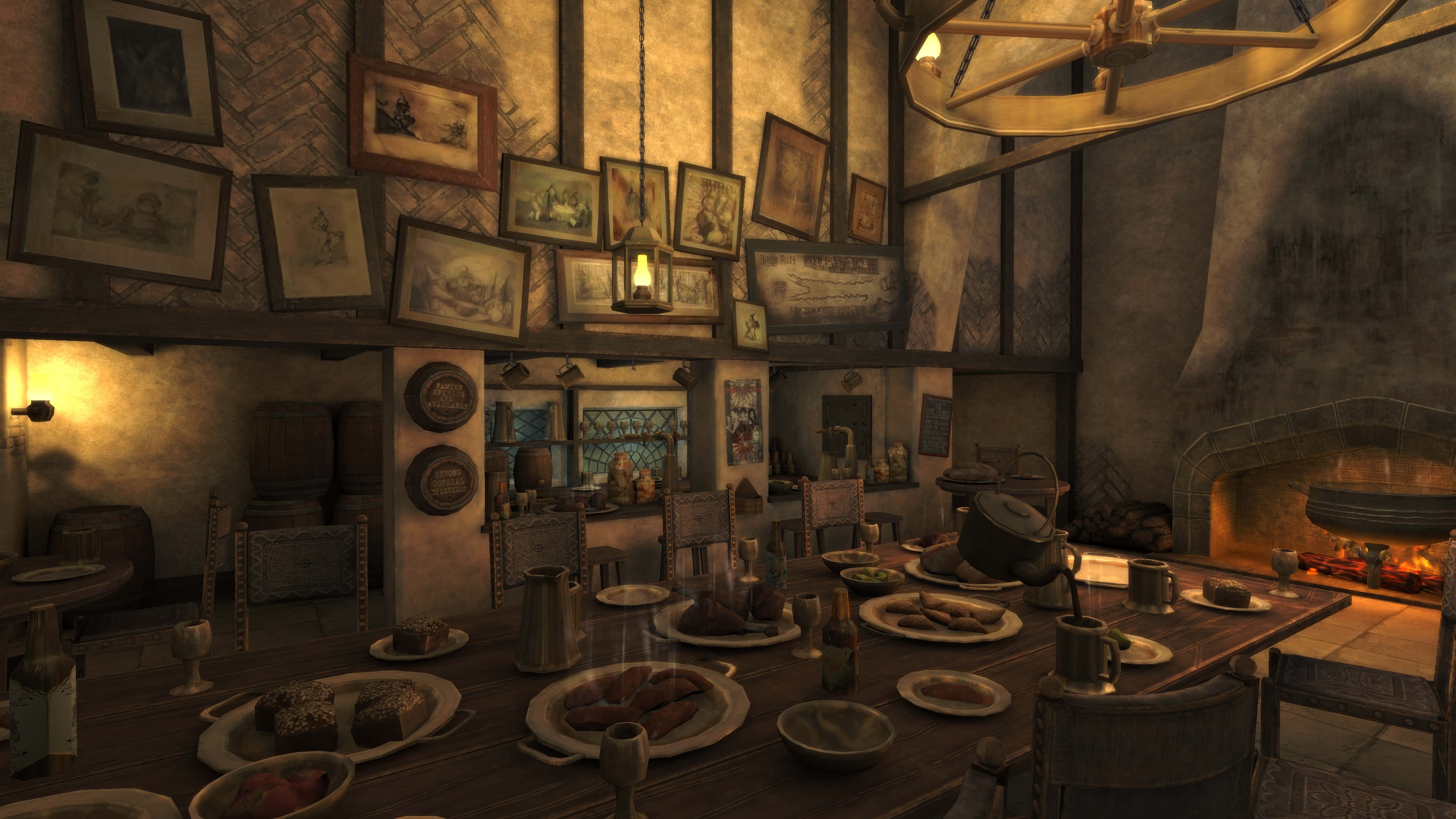 The Leaky Cauldron 桌布 壁紙 — 一間燈光溫暖的中世紀酒館，長木桌擺設成盛宴，牆上掛有裱框藝術品，壁爐裡柴火劈啪作響。