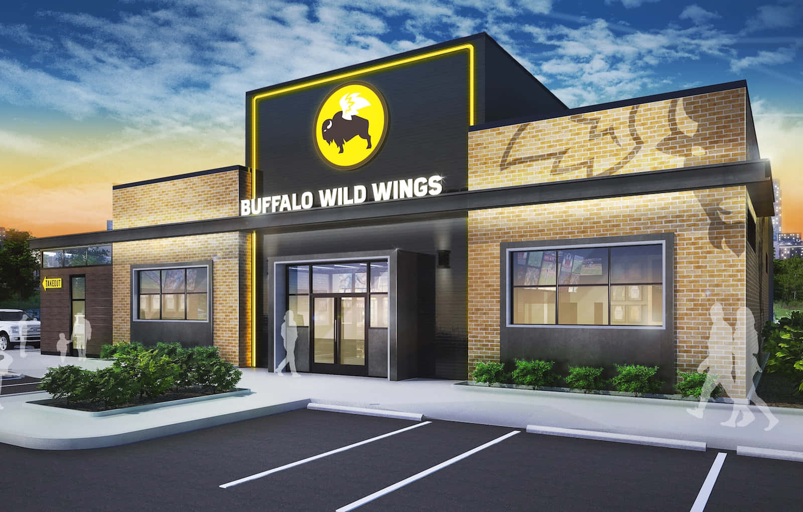 Buffalo Wild Wings餐廳在日落時分的外觀，帶有發光的招牌和空蕩蕩的停車場。 — 水牛城辣雞翅 壁紙