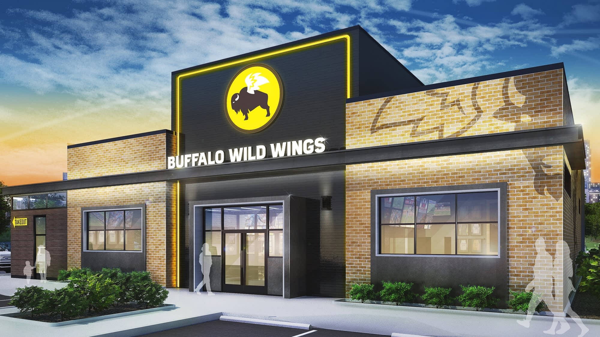 Wild 桌布 壁紙 — 一間現代化的Buffalo Wild Wings餐廳在黃昏時分，帶有發光的霓虹招牌和走向入口的剪影人物。