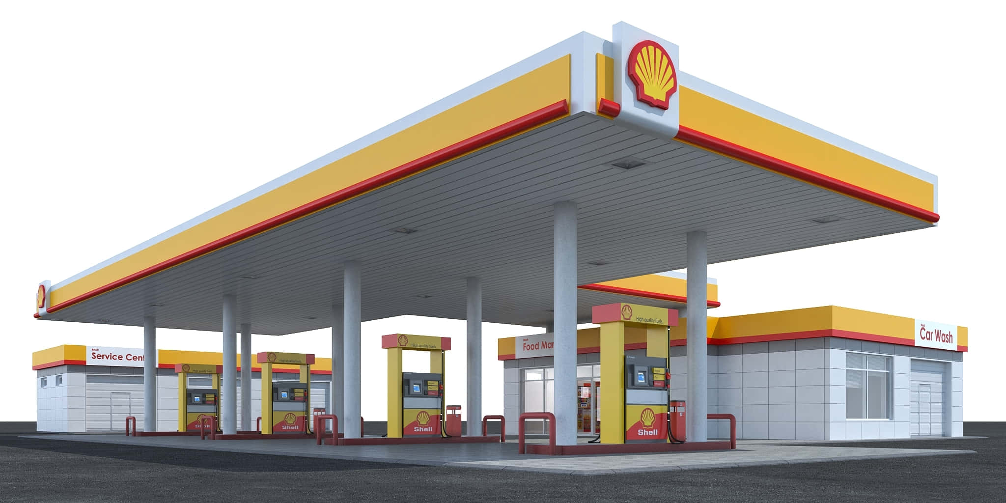 Petrol Station 桌布 壁紙 — 一間現代化的Shell加油站，採用黃色和紅色品牌標誌，設有燃油泵、服務中心和洗車場，位於大型天篷下。