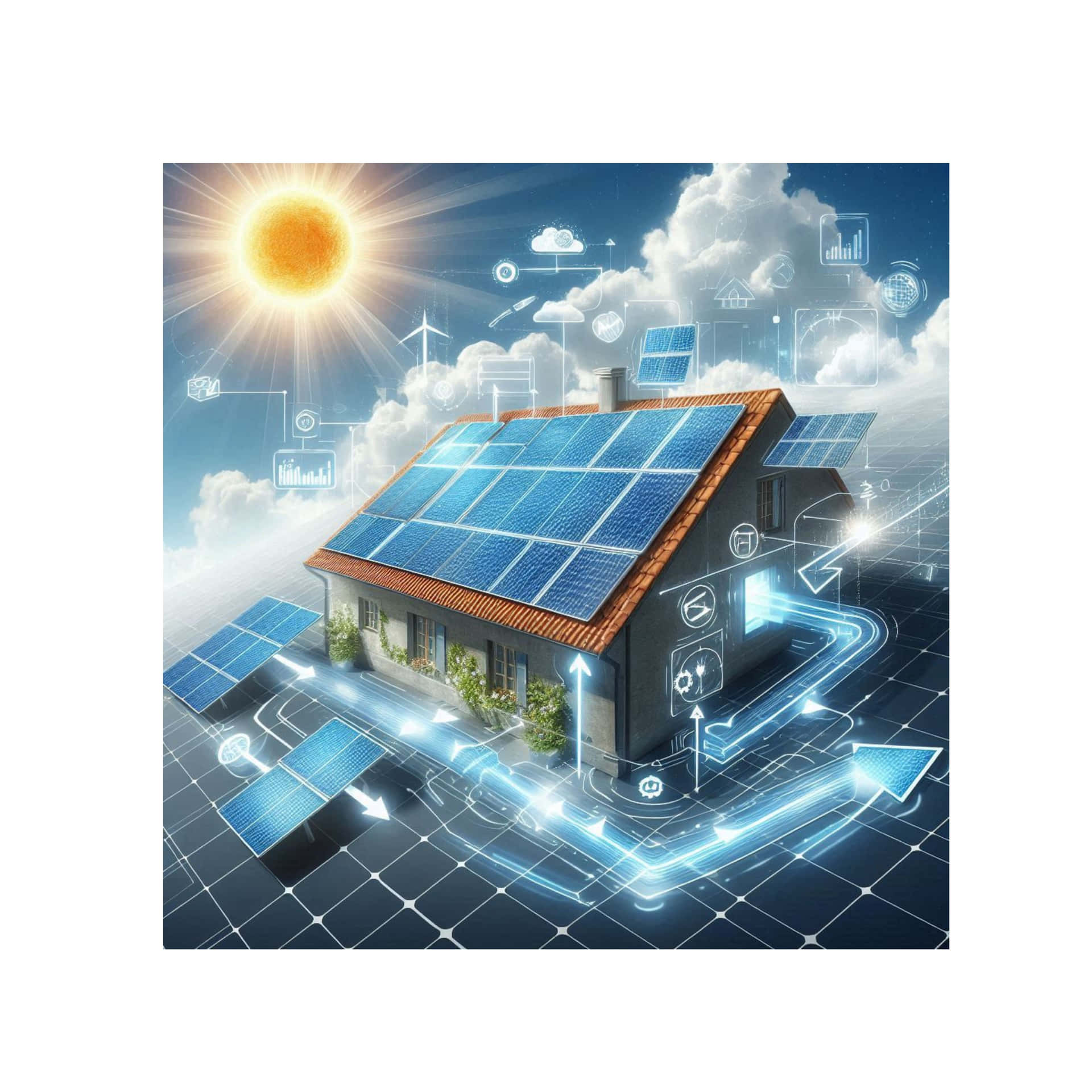 diagrammatic solar power drawing 壁紙 — 一間現代房屋，屋頂和周圍地面裝有藍色太陽能板，在明亮的陽光下收集陽光，並帶有發光的數位能量流線和圖示。