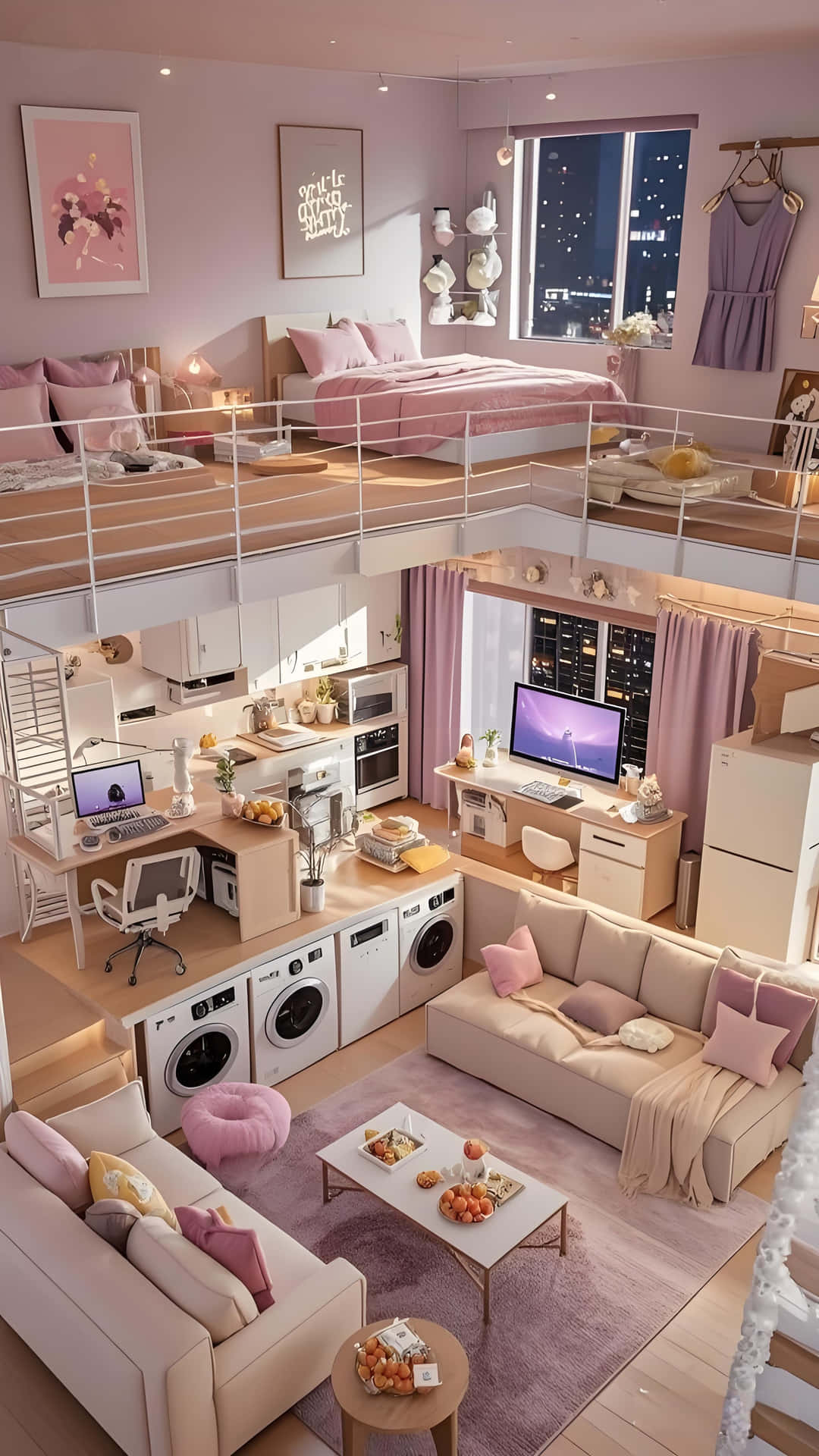 Chic apartment wallpaper 壁紙 — 一間現代閣樓公寓，採用粉紅色和米色調，設有位於廚房、洗衣區和帶沙發及咖啡桌的起居區上方的閣樓床。