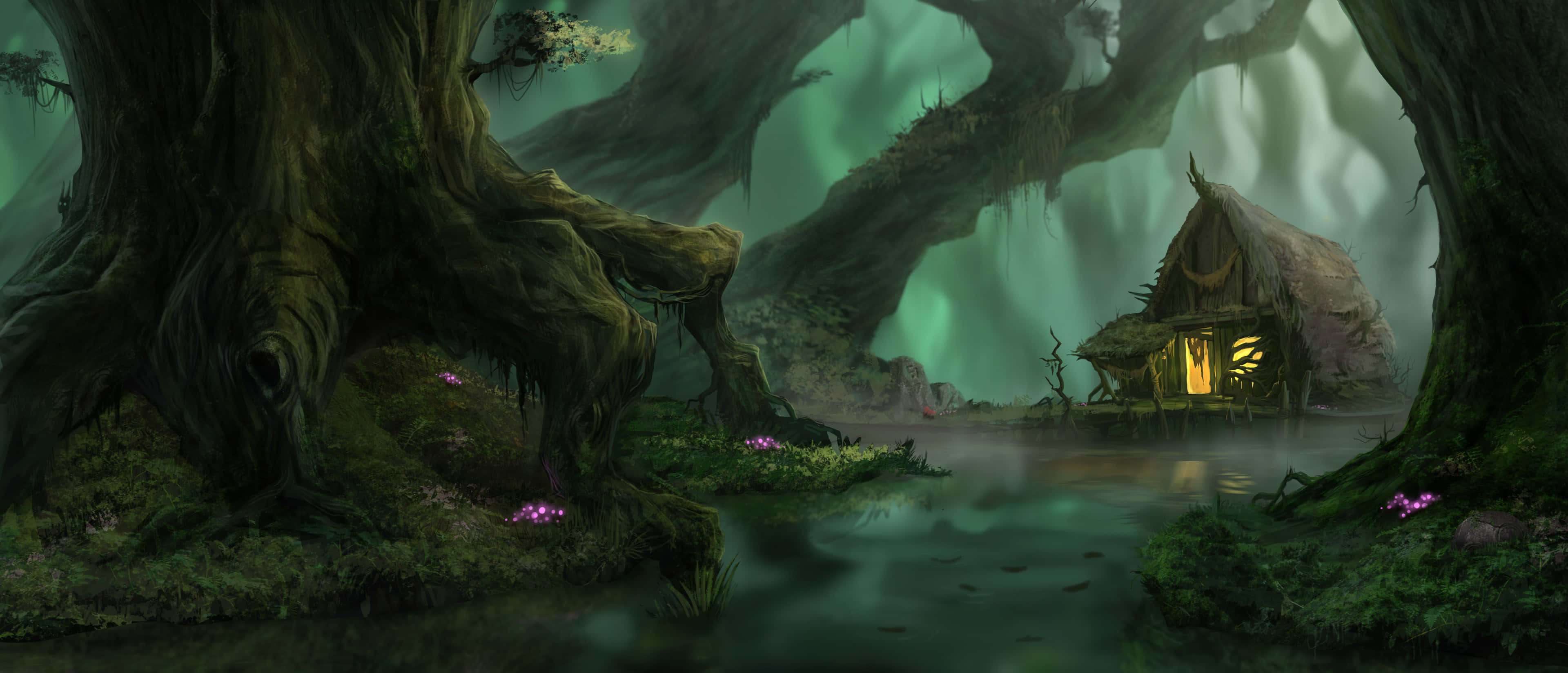 Magical Forest 桌布 壁紙 — 一間發光的小屋坐落在巨大的古樹下，位於迷霧籠罩的魔法森林中，周圍有發光的紫色花朵。