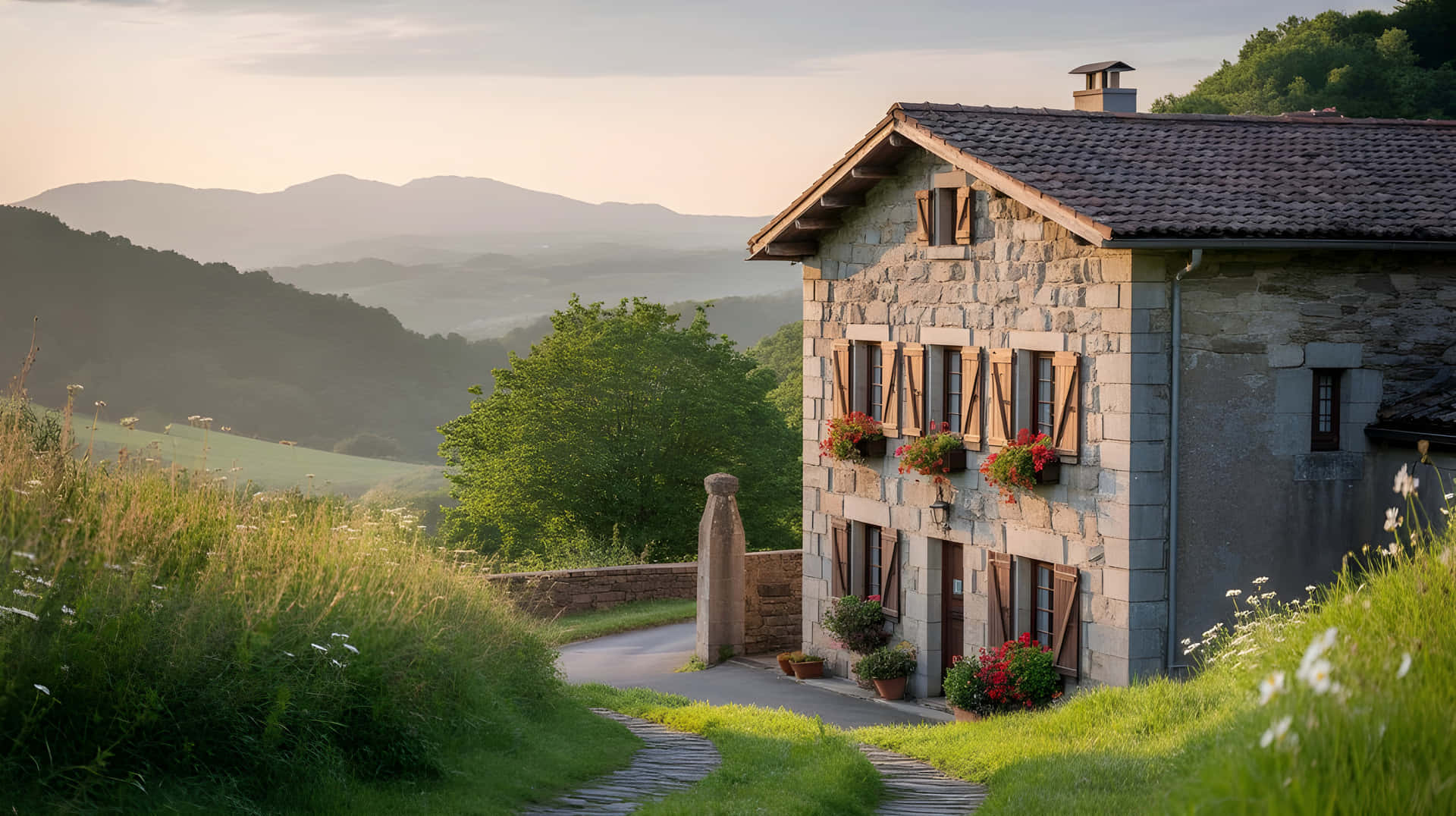 Scenic Travel View- Peaceful Nature and Culture in Southwest France 壁紙 — 一間石頭小屋配有木製百葉窗和花箱，坐落在長滿草的山坡上，俯瞰著金色時刻的起伏綠色山谷和遠處的山脈。