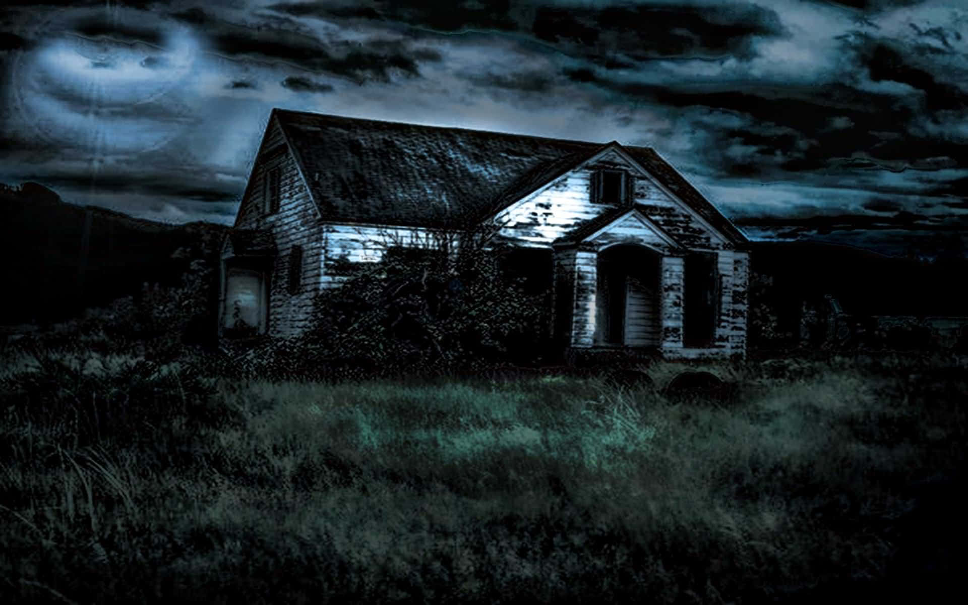 Haunted House 桌布 壁紙 — 一間破舊的房子孤零零地矗立在暴風雨的夜空下，帶有詭異的藍綠色燈光和雜草叢生的植被。