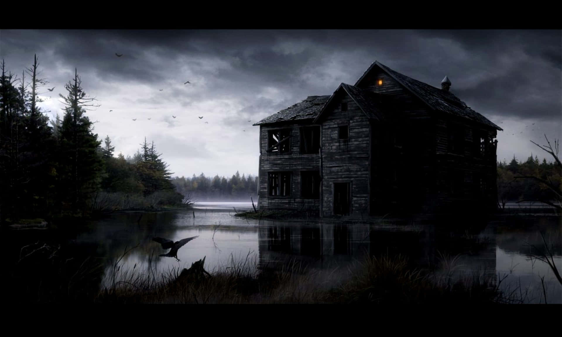 詭異的GIF 桌布 壁紙 — 一間破舊的木屋半淹沒在霧氣瀰漫的湖中，暴風雨的天空下，一扇發光的窗戶和鳥兒在頭頂飛翔。