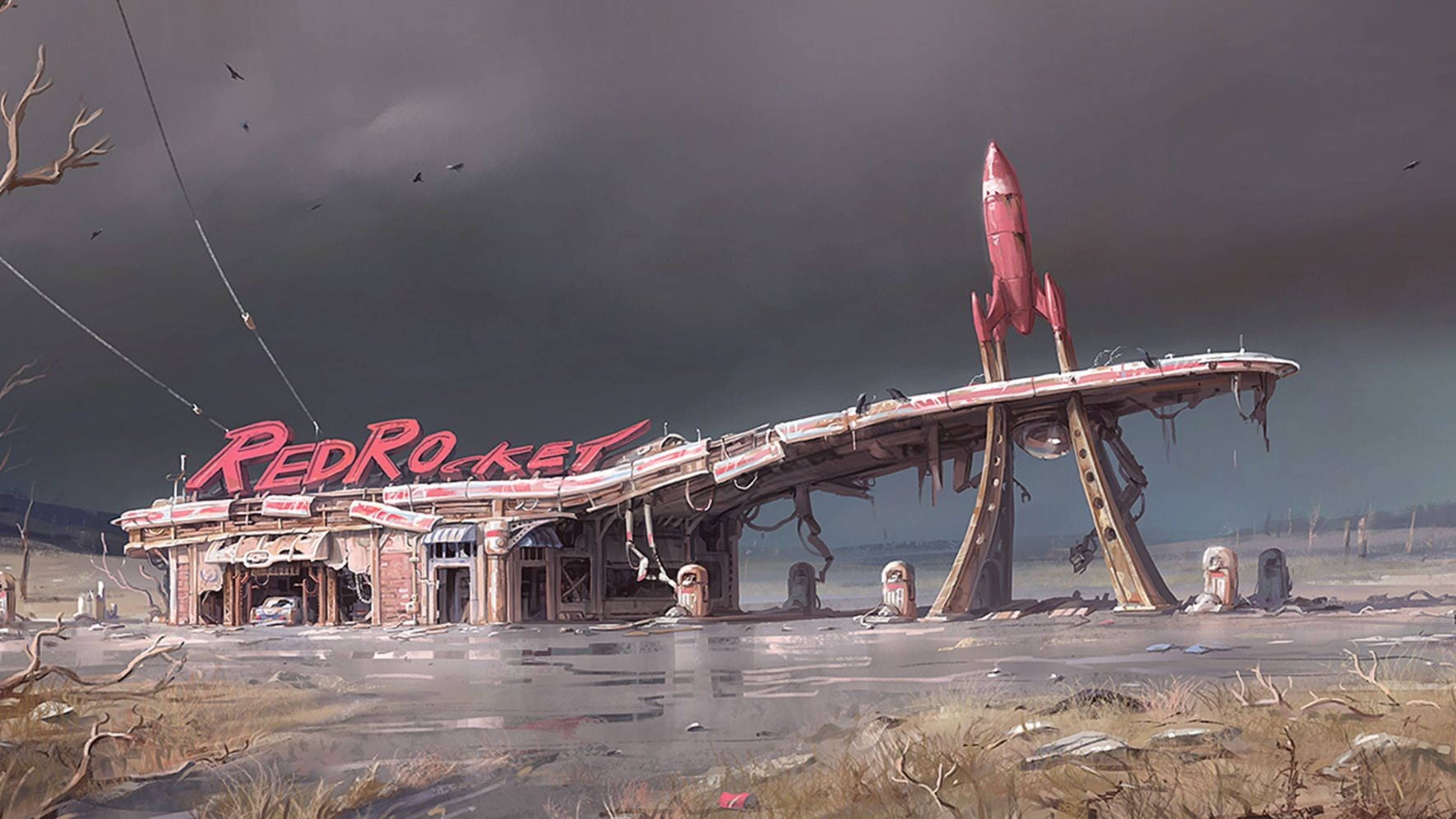Fallout 4 桌布 壁紙 — 一間破舊的紅色火箭主題餐廳在暴風雨的天空下荒涼地矗立在荒蕪之地。