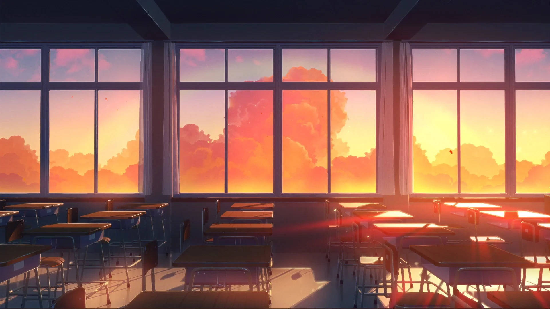 動漫 桌布 壁紙 — 一間空無一人的教室，沐浴在溫暖的夕陽光中，光線穿過大窗戶，映出火紅的橙色雲彩。