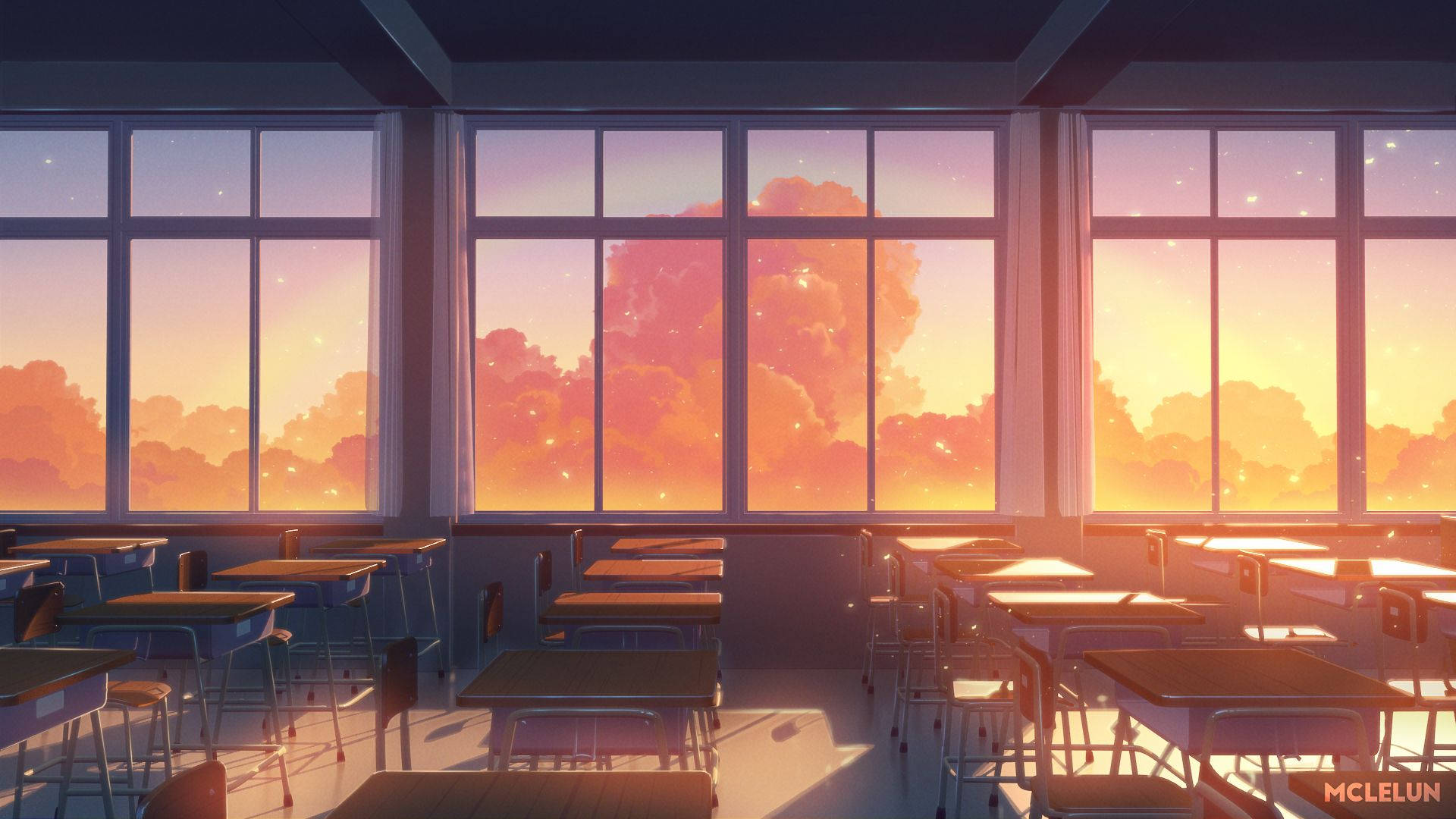 日落 桌布 壁紙 — 一間空無一人的教室，沐浴在溫暖的夕陽光中，光線穿過大窗戶，映出鮮豔的橙色雲彩。