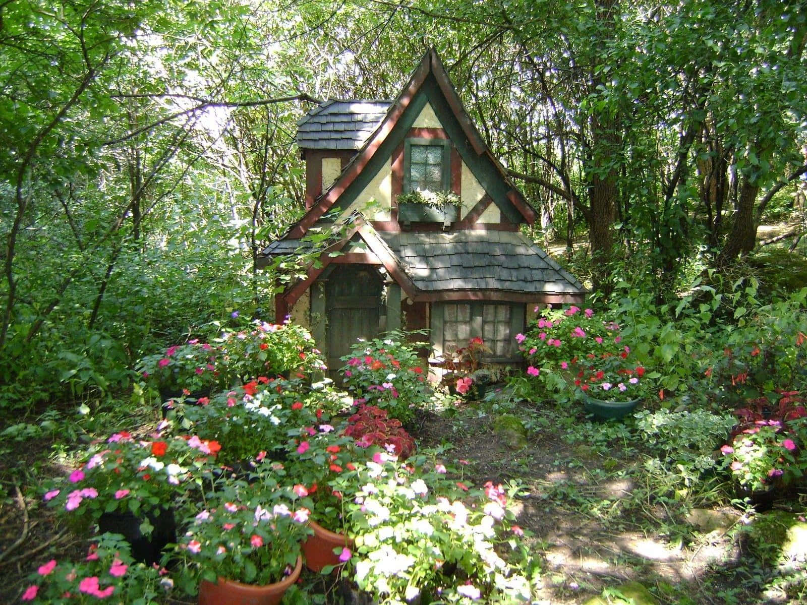 Cottage Garden 桌布 壁紙 — 一間童話般的木屋坐落在陽光斑駁的森林中，周圍環繞著充滿活力的粉紅色和紅色開花植物。