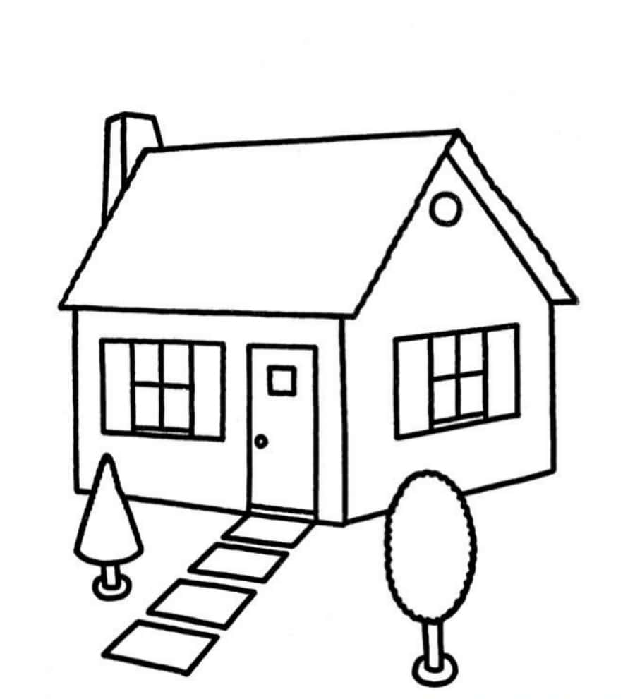 House Colouring 桌布 壁紙 — 一間簡單的黑白線條畫，畫中有一間房子，帶有煙囪、兩扇窗戶、一扇門，以及一條通往房子的小路，小路兩旁有兩棵樹。