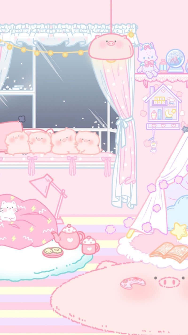 Pastel Pink Aesthetic Anime 桌布 壁紙 — 一間粉彩粉紅色卡通房間，有可愛的豬角色、帶雪的窗戶和奇特的裝飾。