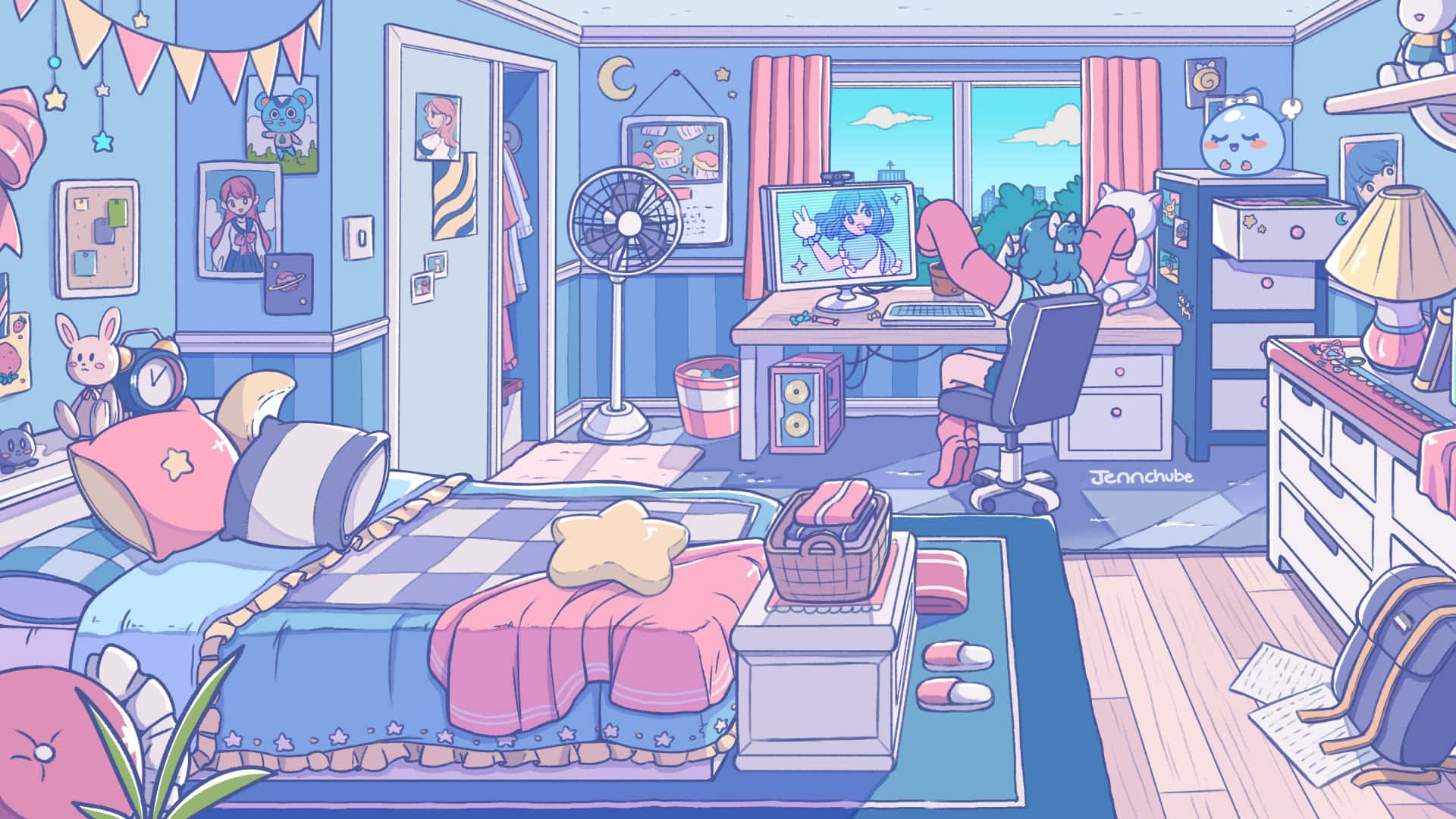 Cute Anime Bedroom 桌布 壁紙 — 一間粉彩色的動漫風格臥室，一個女孩在書桌前玩遊戲，周圍環繞著毛絨玩具和舒適的裝飾。
