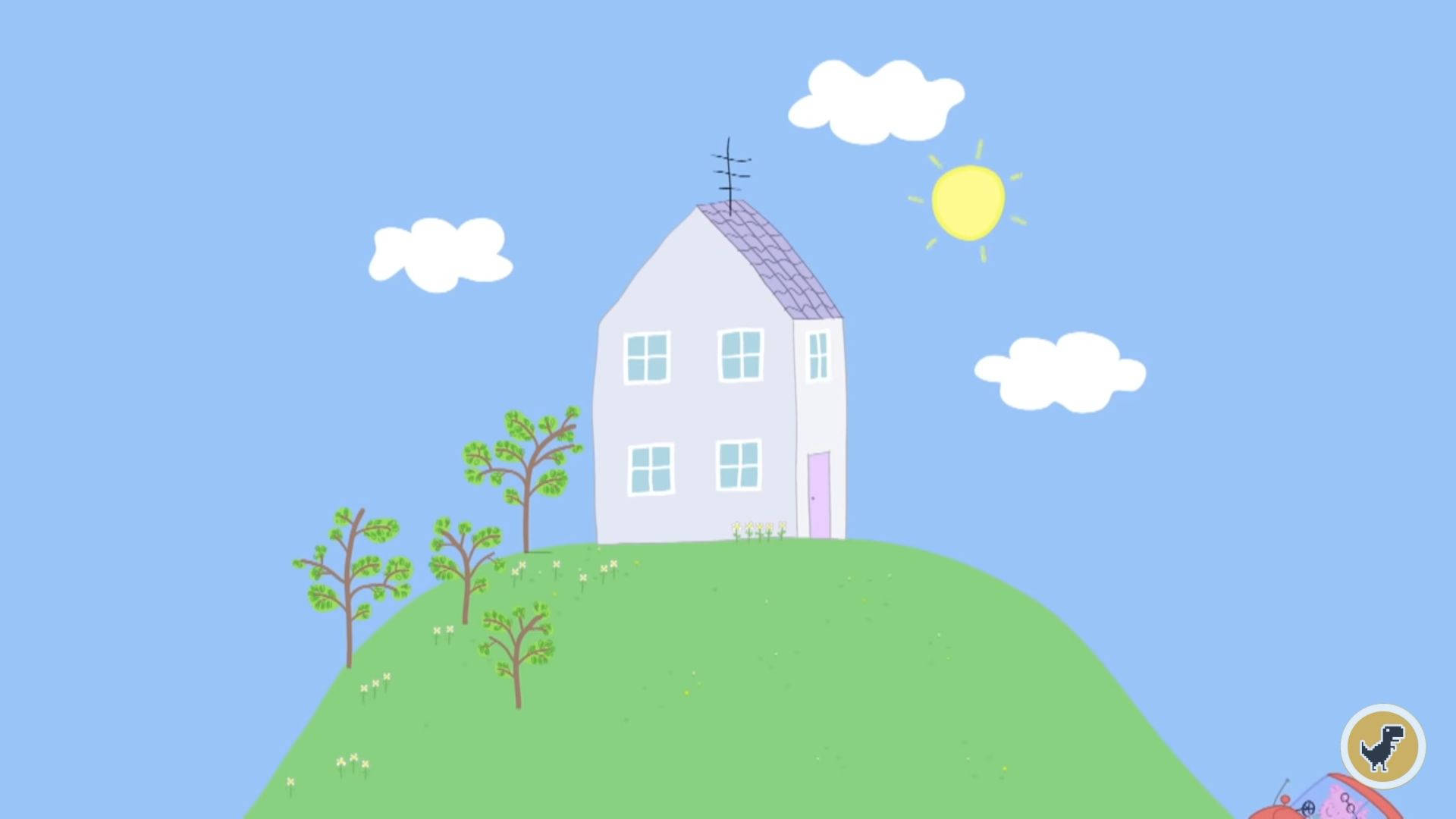 Peppa 桌布 壁紙 — 一間粉彩色的房子坐落在綠色山丘上，上方是明亮的藍天，有蓬鬆的雲朵和閃耀的太陽。