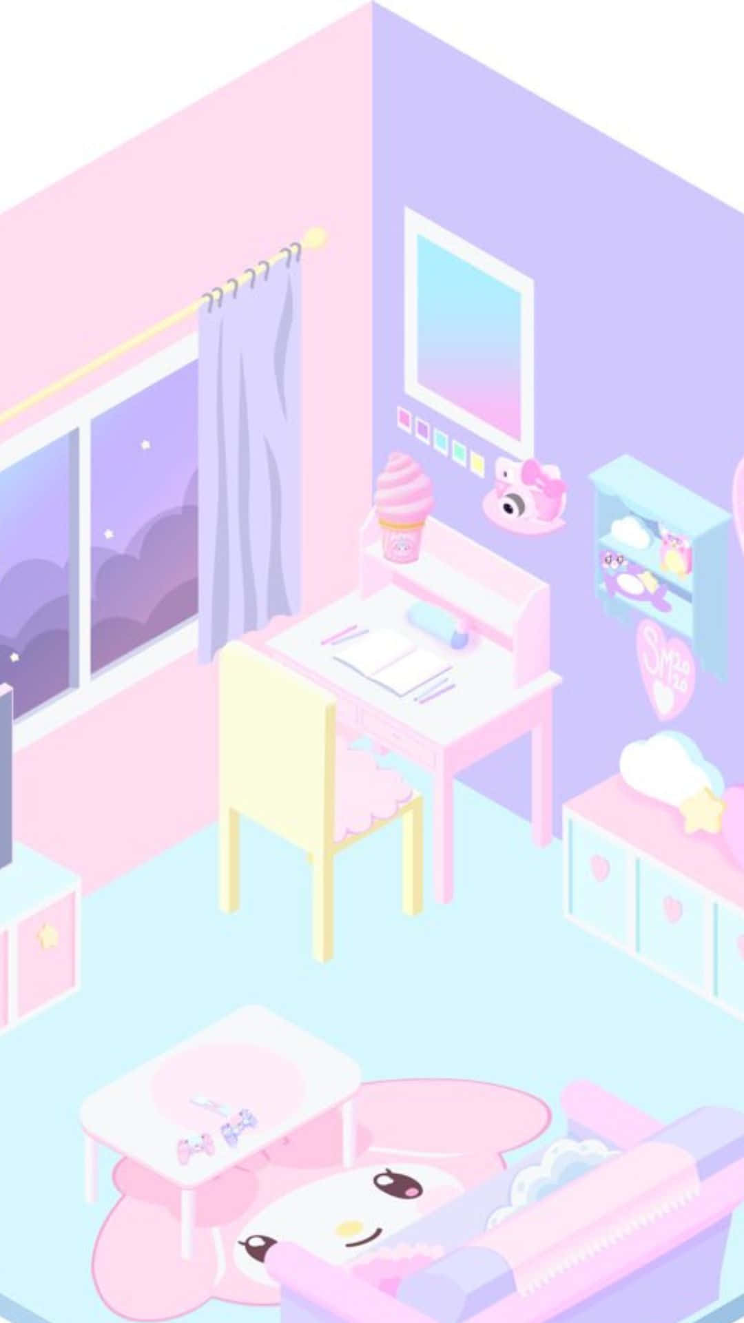 Kawaii Room 桌布 壁紙 — 一間粉彩色的等距女孩臥室，有一張可愛的卡通角色形狀沙發和一張靠窗的書桌，窗外可見夜空。