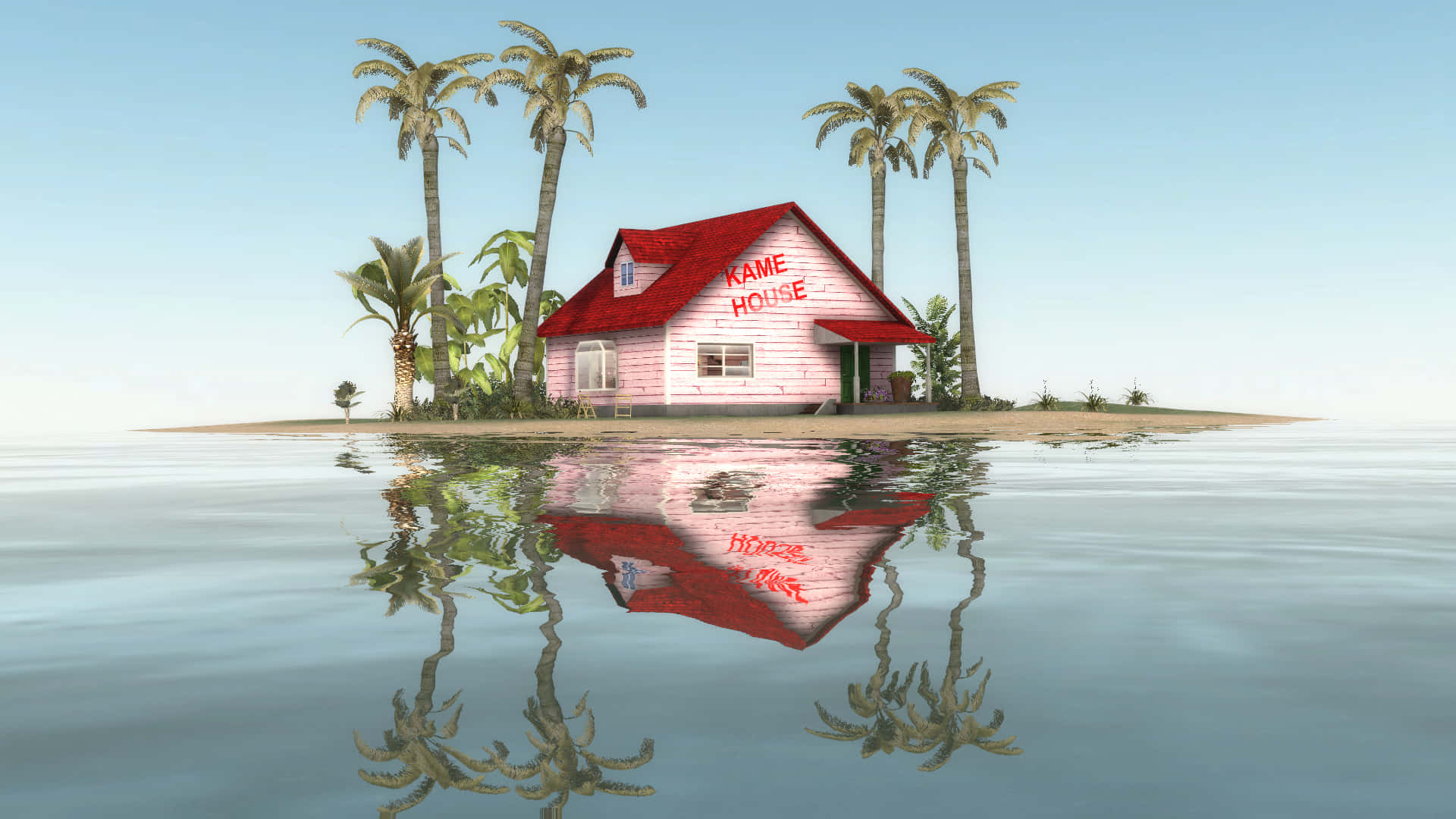 Kame House 桌布 壁紙 — 一間粉紅色屋頂紅色的房子和棕櫚樹坐落在一个小島上，周圍是平靜的水面，倒影清晰。