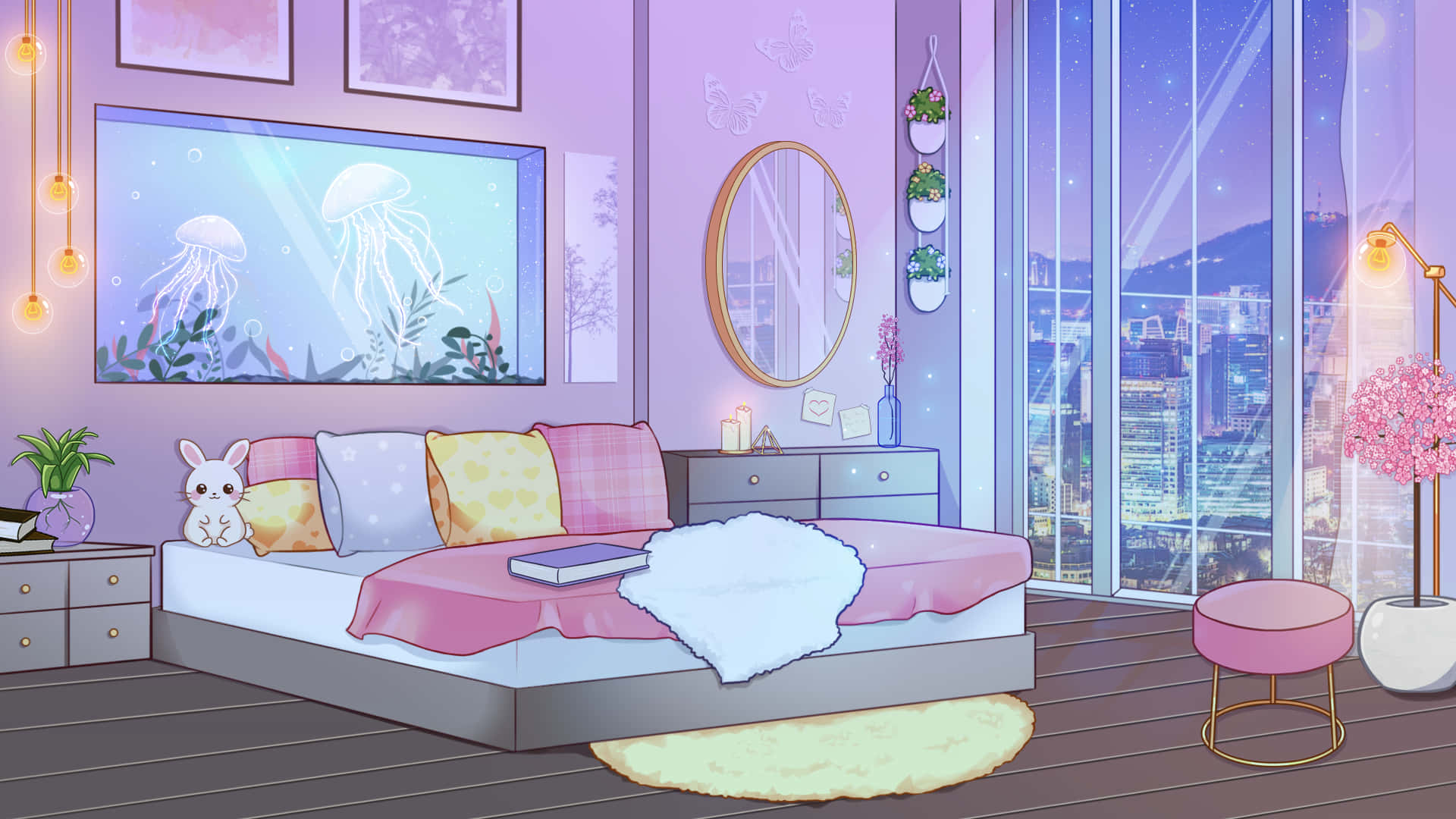 Cute Anime Bedroom 桌布 壁紙 — 一間粉紫色臥室，配有一張床、水母水族箱，以及透過大窗戶欣賞到的城市景觀。